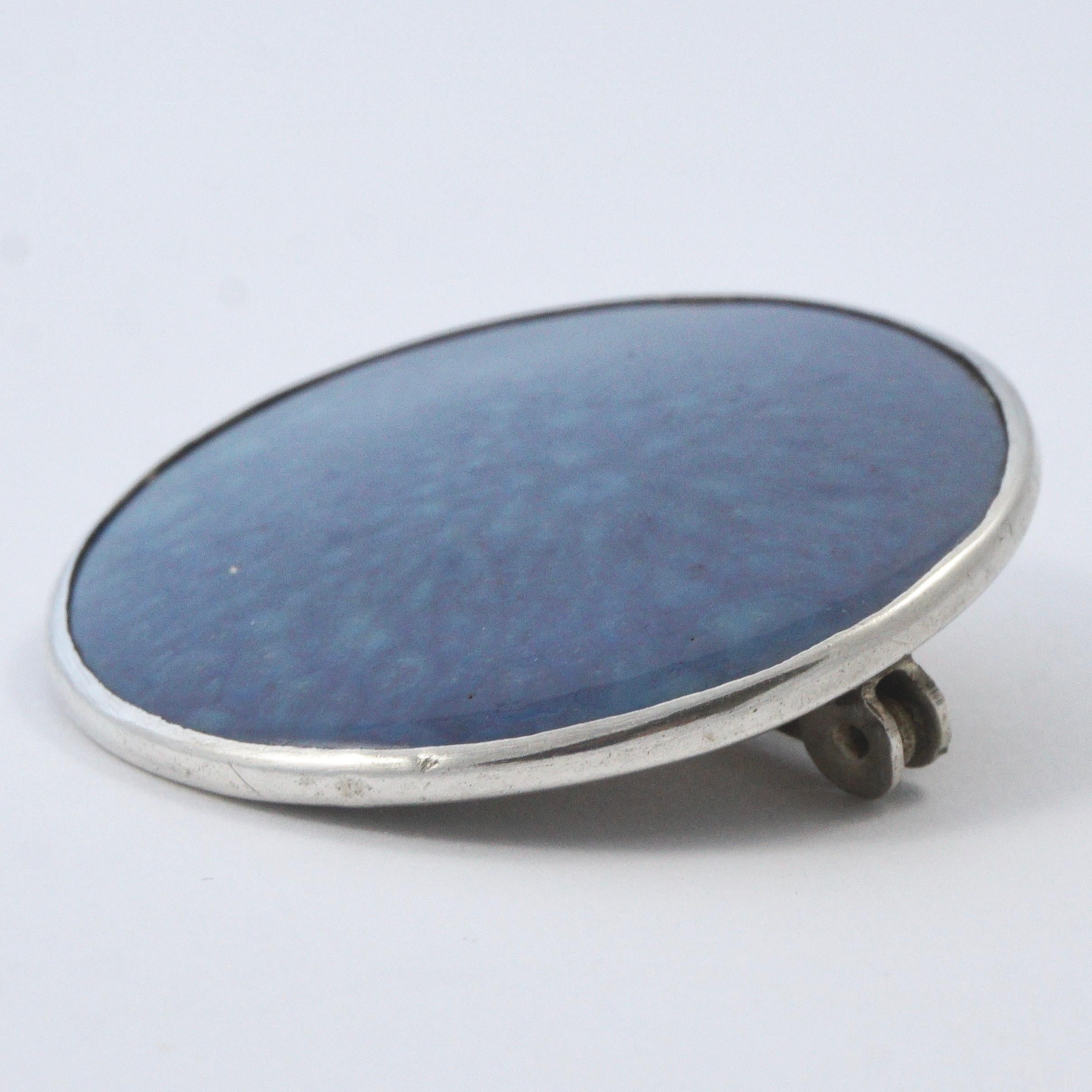 Ruskin style Arts and Crafts Sterling Silver Blue Enamel and Ceramic Brooch In Good Condition For Sale In London, GB