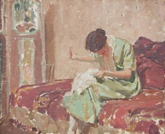 Impressionist Painting Woman in an Interior "Work" by Ruskin Williams 1940's