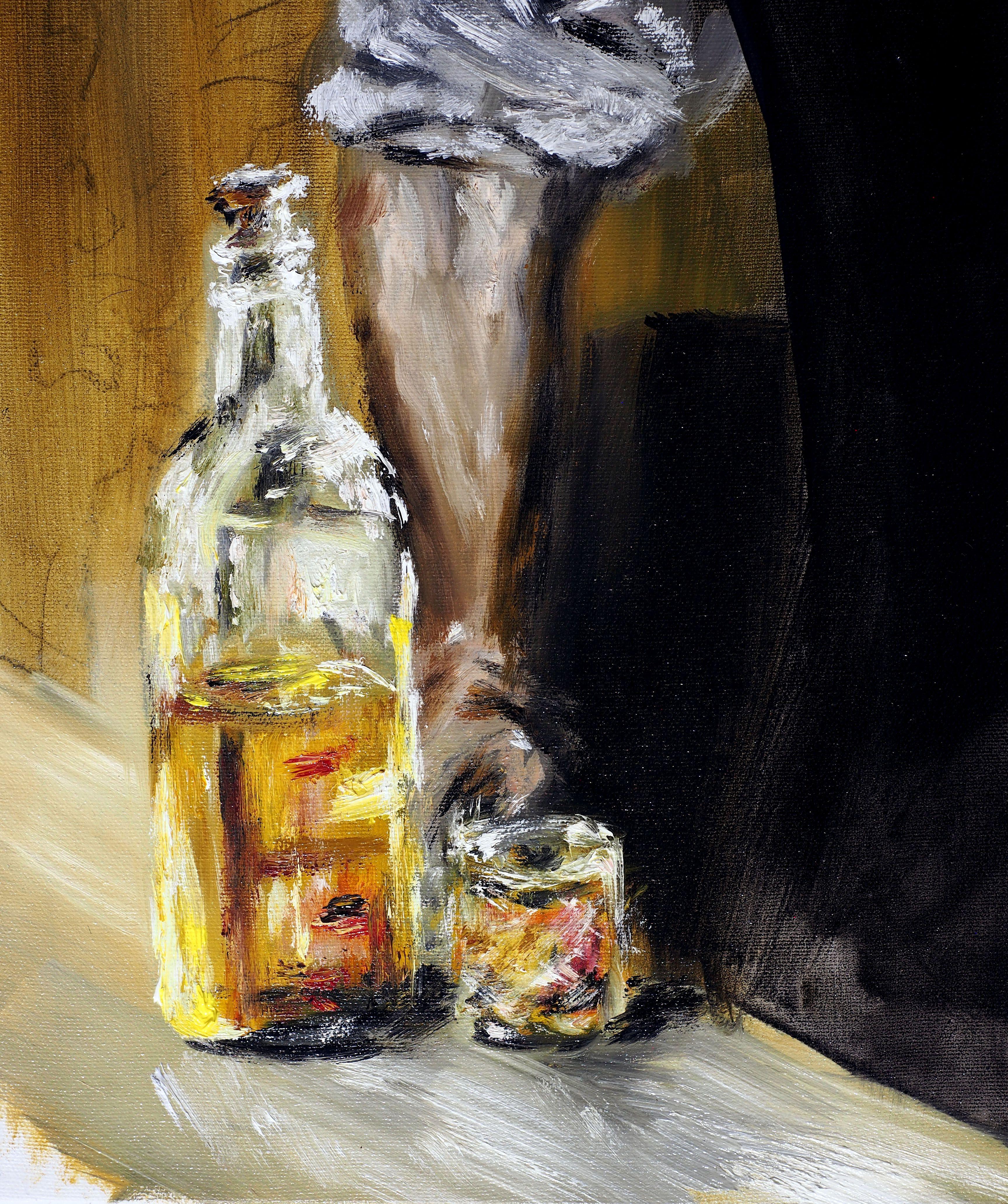 Dieses einzigartige Kunstwerk zeigt einen Herrn in halb aufgerichteter Pose, der etwas oder jemanden betrachtet, der seine Aufmerksamkeit 