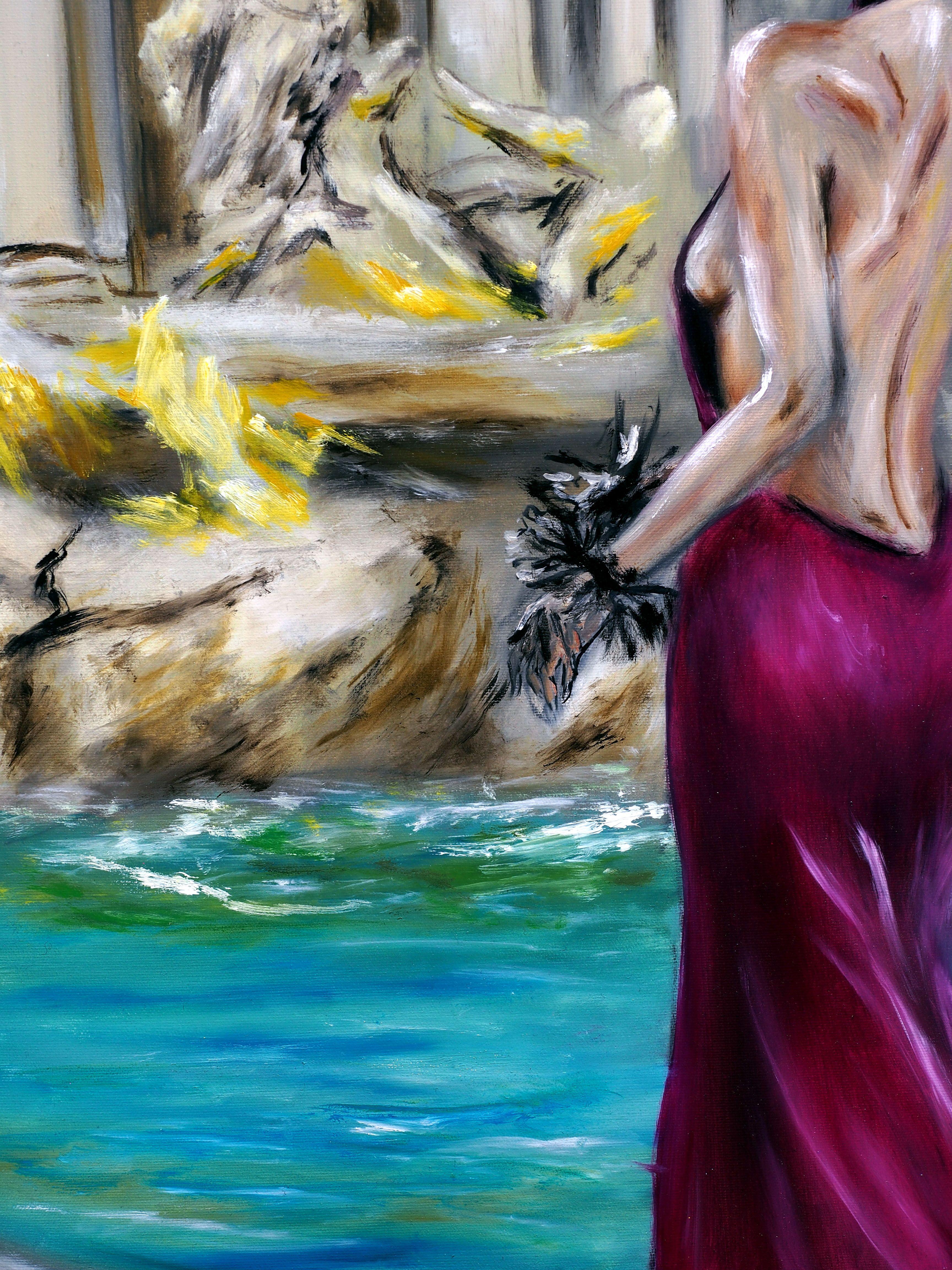 Parte del ricavato dell'artista sarà destinato a sostenere la difesa del territorio di Kyiv e gli aiuti umanitari per la guerra in Ucraina.    Questo quadro unico nel suo genere mostra una donna con un abito elegante aperto sul retro che si trova