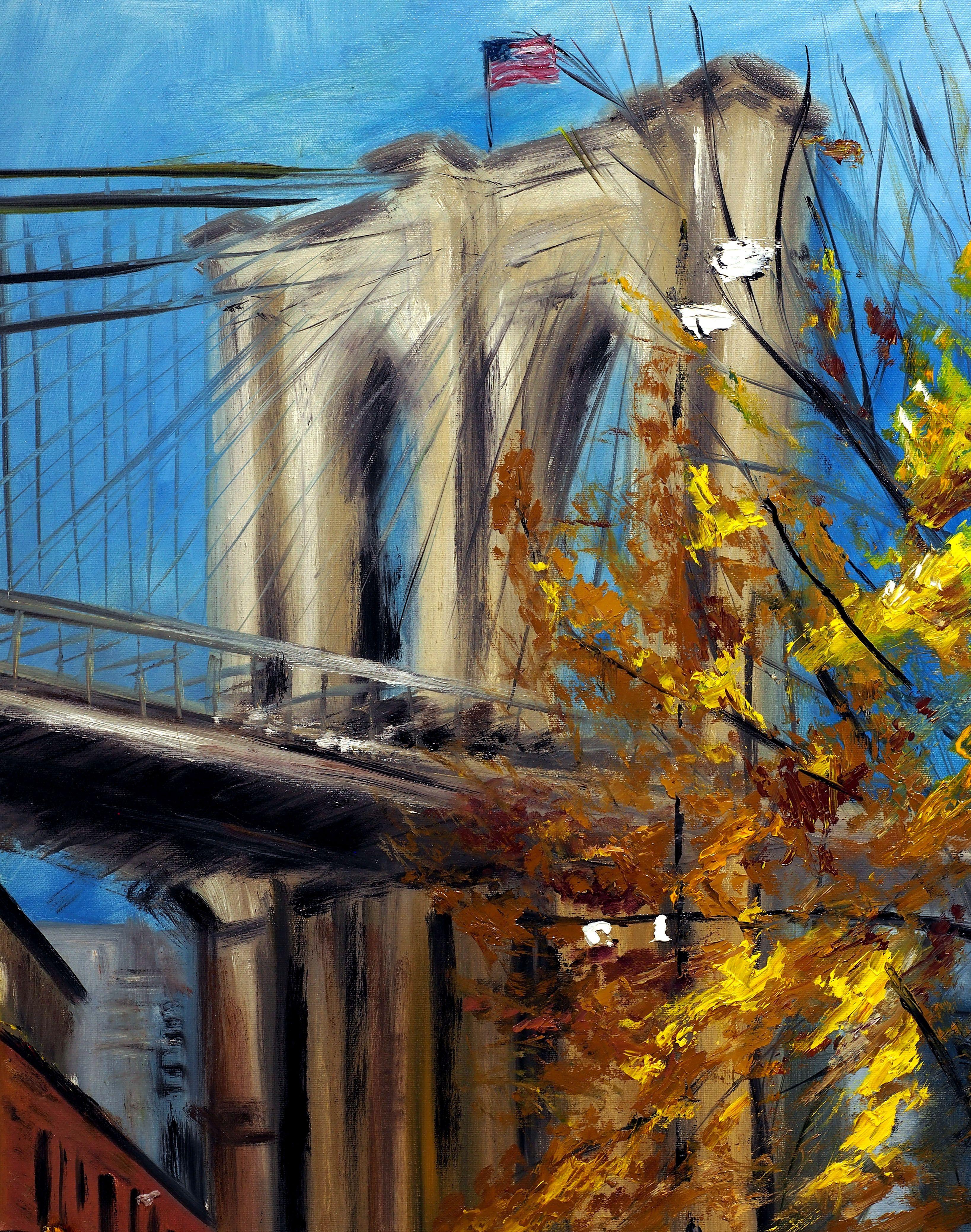 This one of a kind original painting shows the well known DUMBO neighbourhood in New York. Autumn illuminates the scene with golden leaves as we look at the Brooklyn Bridge in the distance. The artist uses special technique of palette knife painting