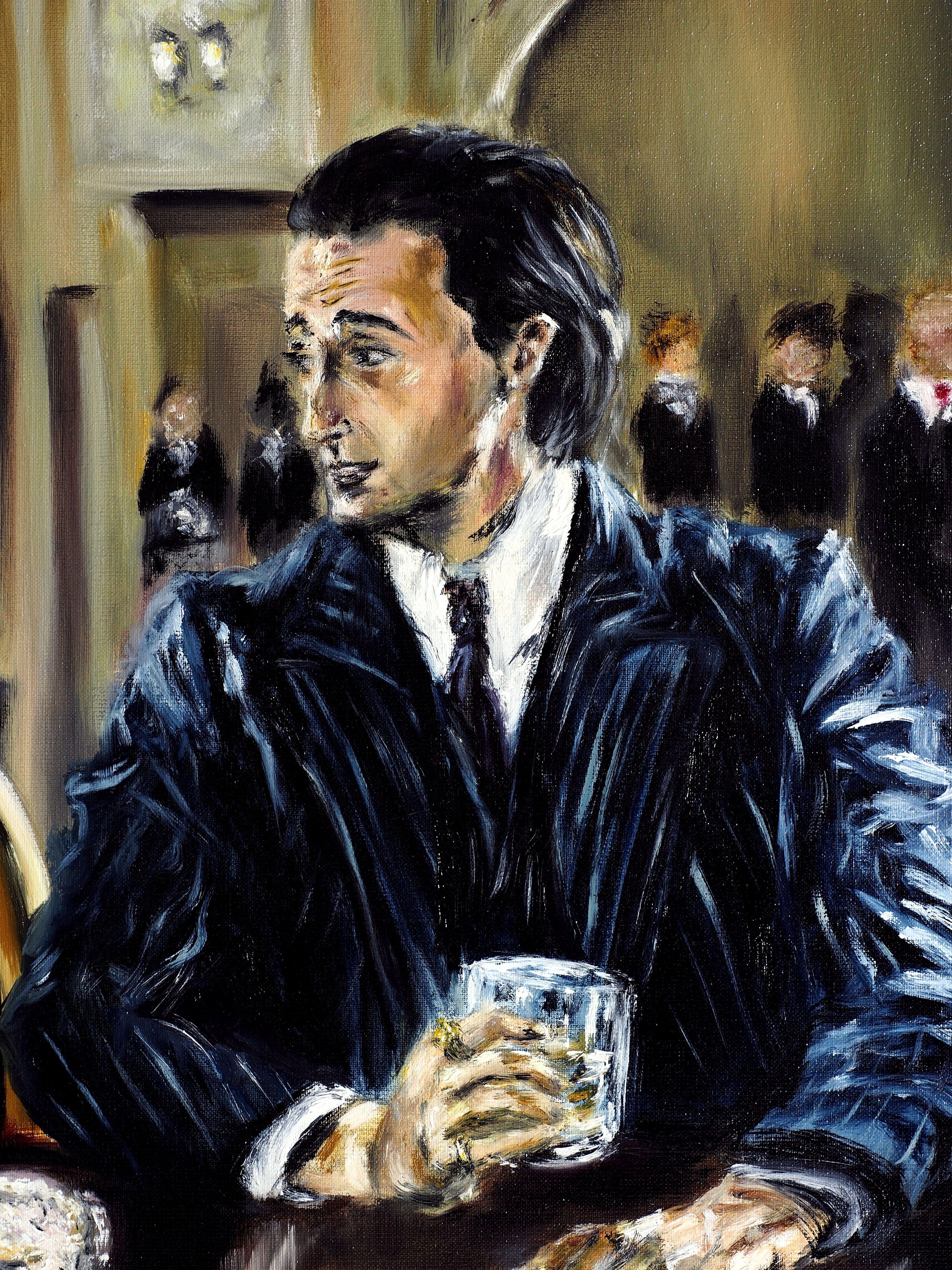 Dieses einzigartige Kunstwerk zeigt eine romantische Innenraumszene an einer Bar. Dame in Rot, silberne Clutch auf dem Tisch, lächelt sanft, als der Herr etwas zu ihr sagt. Brilliante Reflexe leuchten hell auf dem Tisch. Wir sehen die Silhouetten