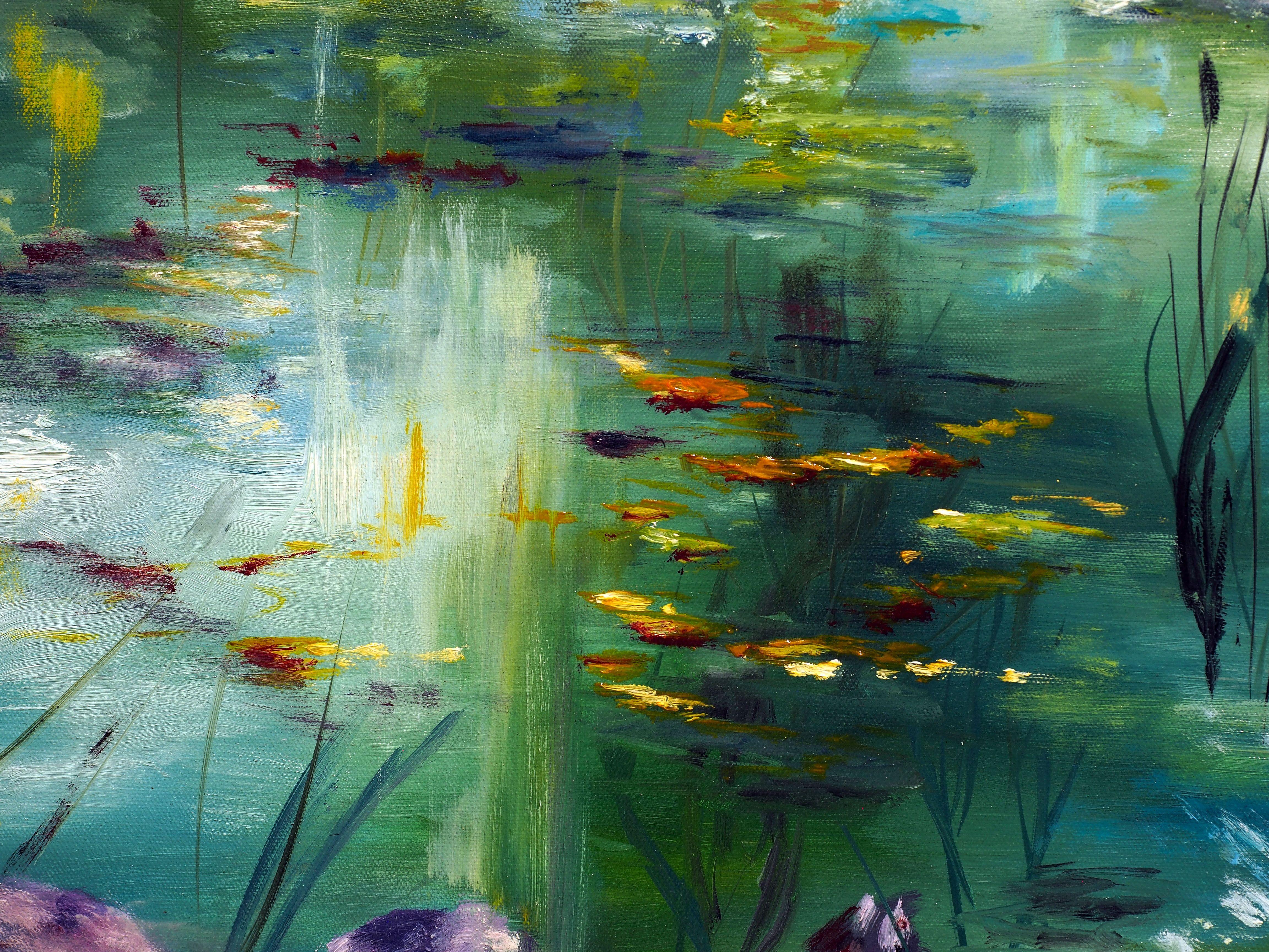 This is an original one of a kind piece featuring the pond with water lilies and fishes swimming in the water. Monet inspired piece, the artist uses unique technique to bring this work to life with thick layers of paint creating texture in this
