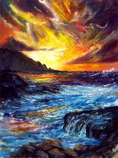 Coucher de soleil en mer, peinture, huile sur toile