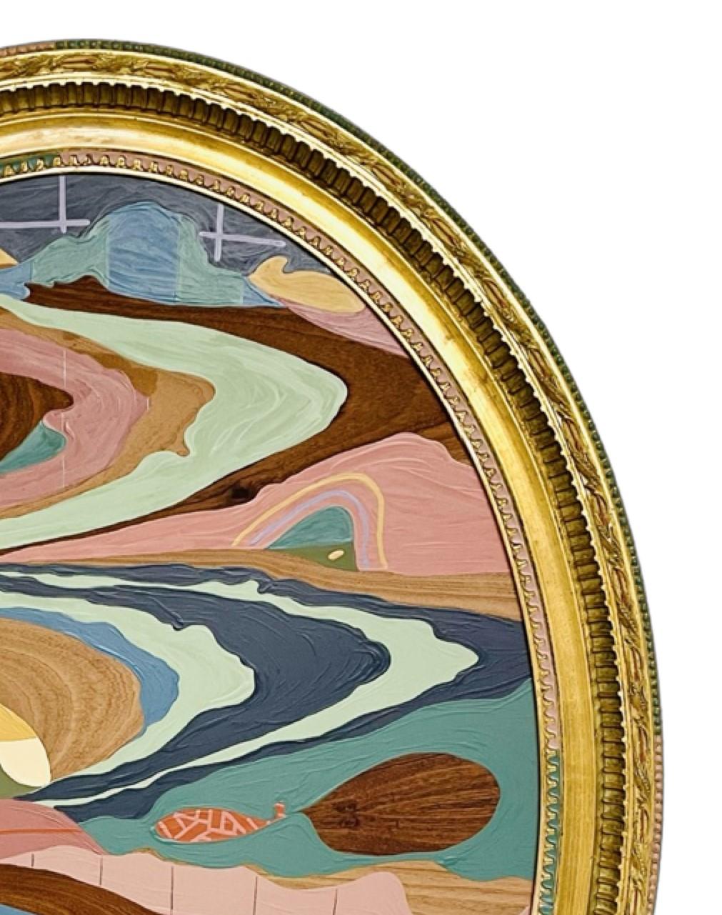 Zeitgenössische farbenfrohe abstrakte Landschaftsmalerei des in New Jersey lebenden Künstlers Russ Rubin. Das Werk zeigt eine jenseitige Landschaft in gedämpften Wüstentönen, die der Künstler in einen dekorativen Vintage-Rahmen gehängt hat, der den
