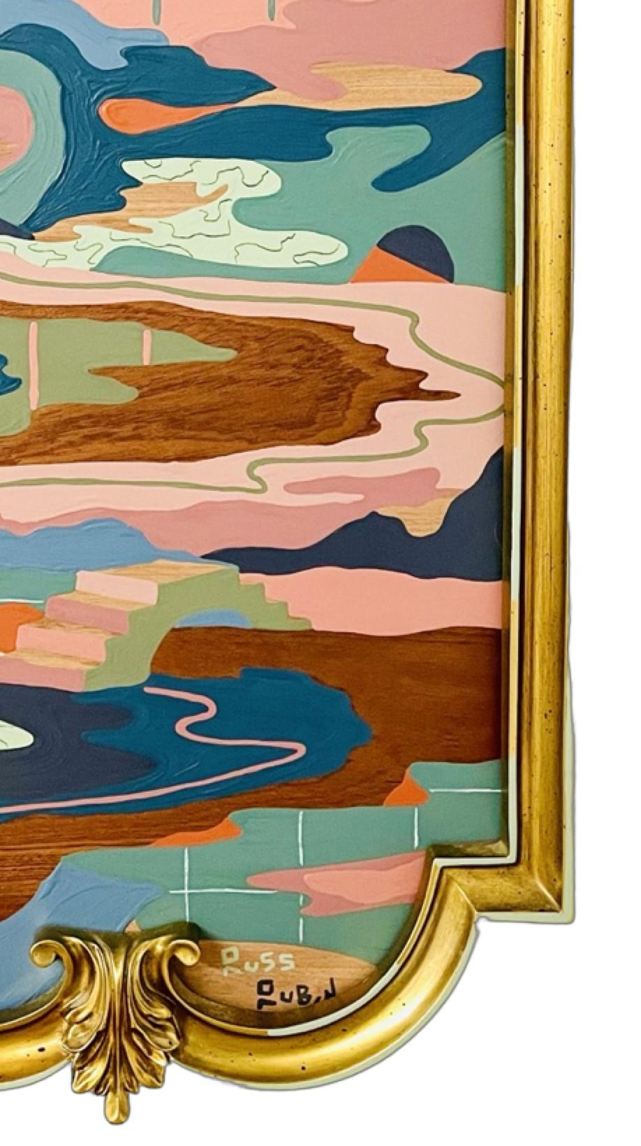 Paesaggio astratto contemporaneo e colorato dipinto dall'artista del New Jersey Russ Rubin. L'opera presenta un paesaggio ultraterreno che si snoda nelle tonalità tenui del deserto, appeso dall'artista in una cornice decorativa vintage che invita lo