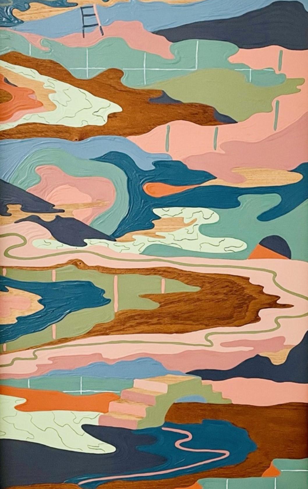 Contemporary colorful abstract landscape painting by New Jersey based artist Russ Rubin. The work features an otherworldly landscape winding in muted desert hues hung by the artist in a vintage decorative frame that beckons the viewer into Russ's