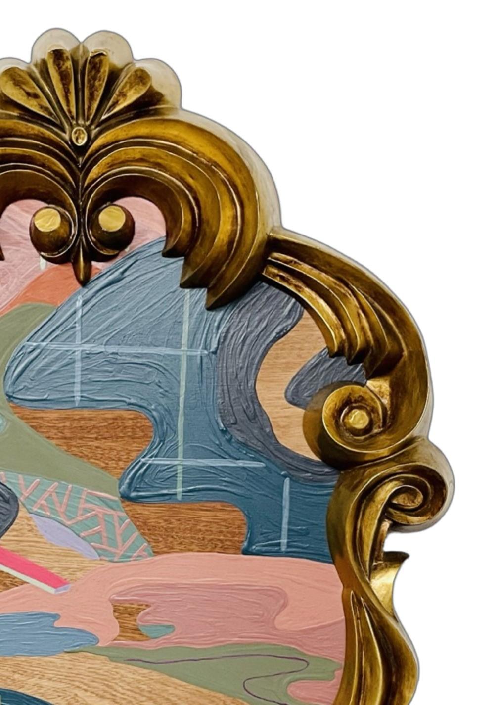 Zeitgenössische farbenfrohe abstrakte Landschaftsmalerei des in New Jersey lebenden Künstlers Russ Rubin. Das Werk zeigt eine jenseitige Landschaft, die sich in gedämpften Wüstentönen windet und vom Künstler in einen vergoldeten dekorativen