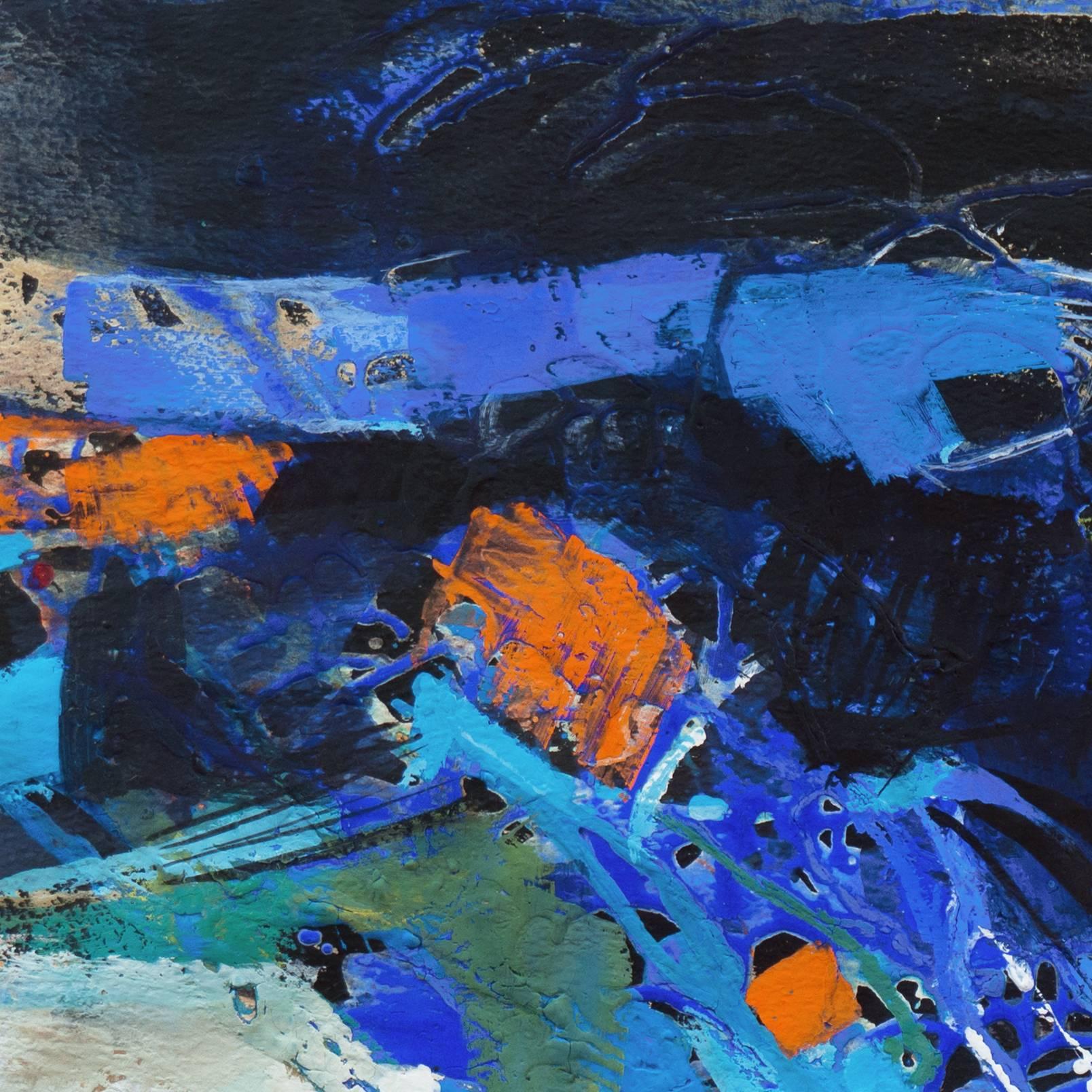 Signed lower right 'Russa Graeme' (American, 1919-1995) and painted circa 1975.

A substantial, semi-abstracted landscape in shades of turquoise, indigo and royal blue on an ochre and eggshell foundation with action-painting elements uniting a