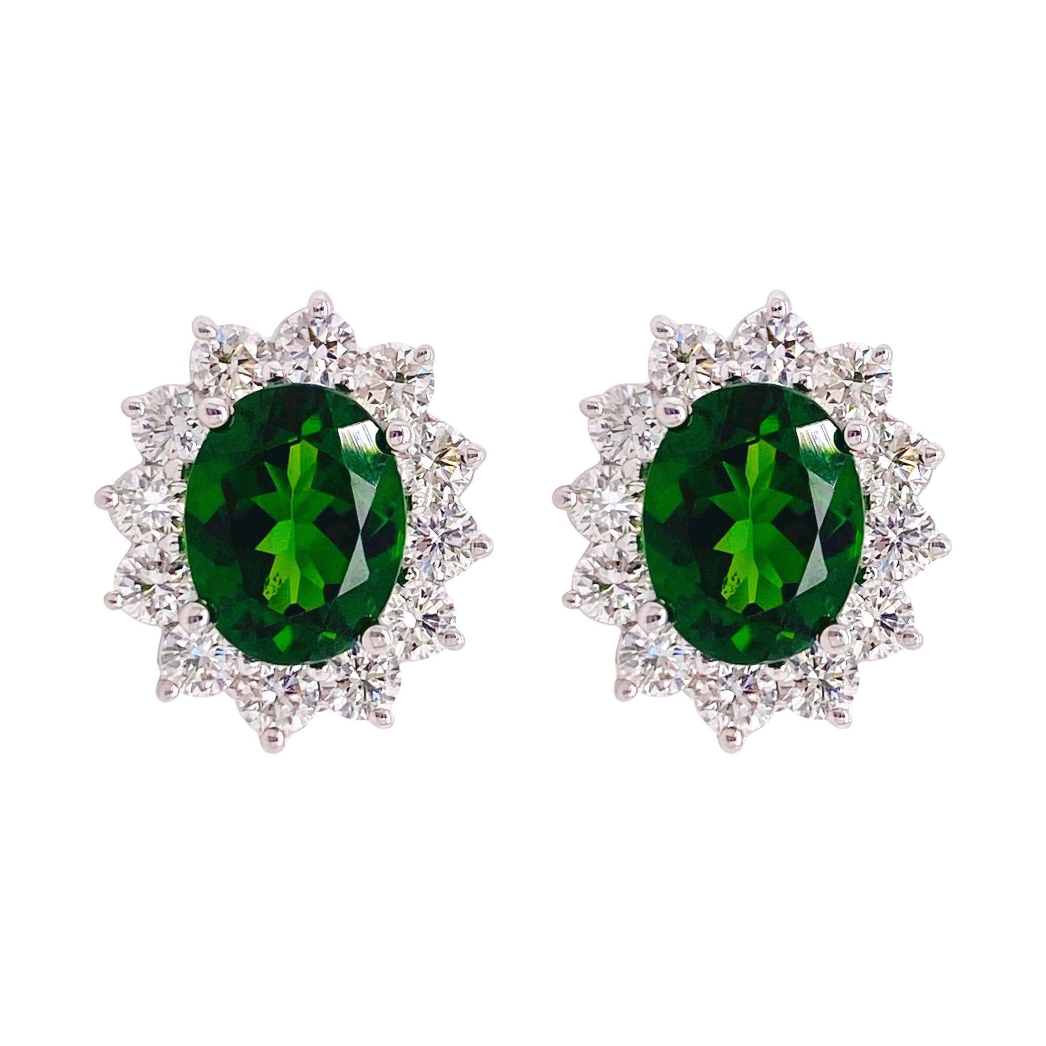 Russalite Diamond Halo Earring Studs, 5.80 carats Green Russalite and Diamonds
