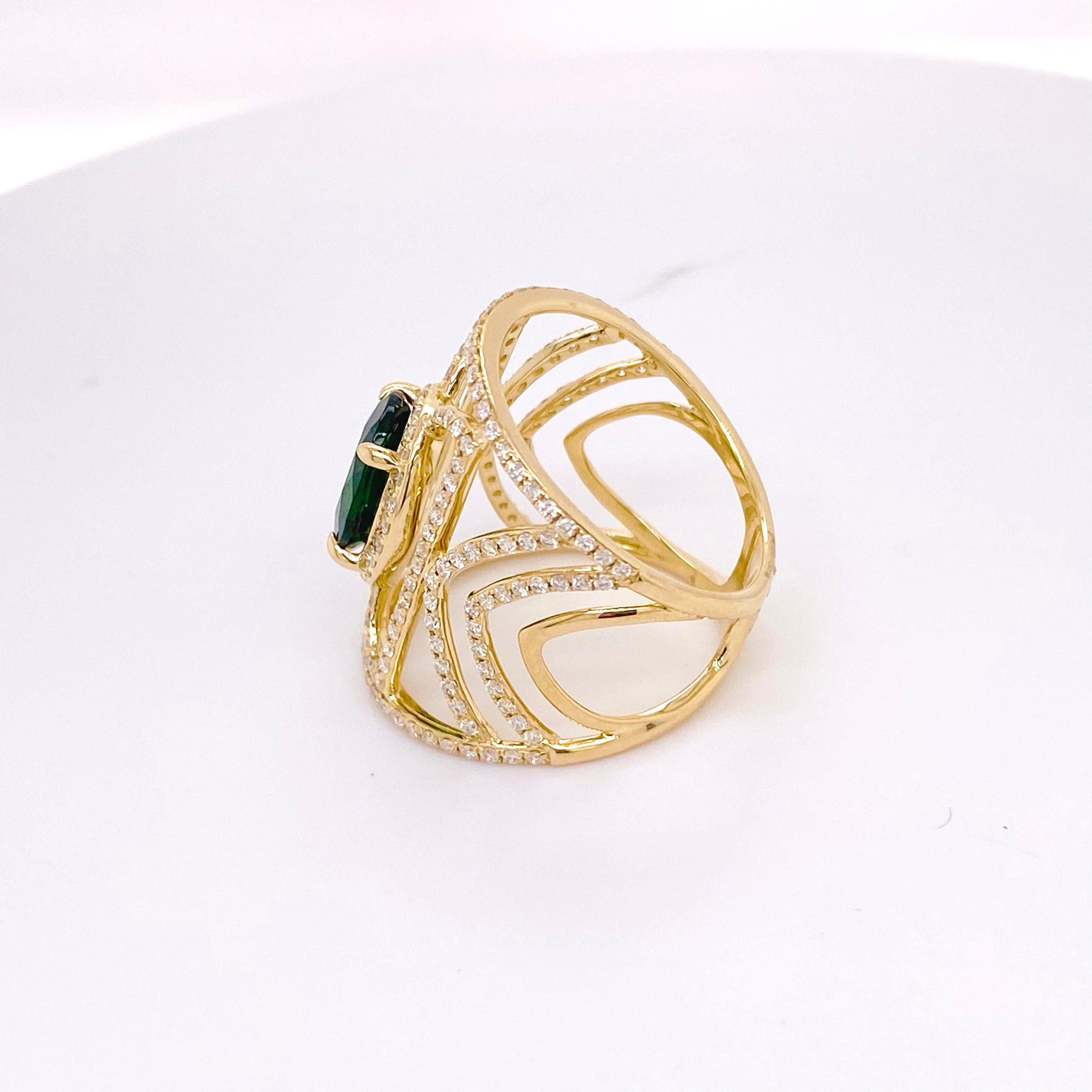 Russalite Diamond Ring, Cigar Band in Yellow Gold, 2.45 Ct Emerald 186 Diamonds 3