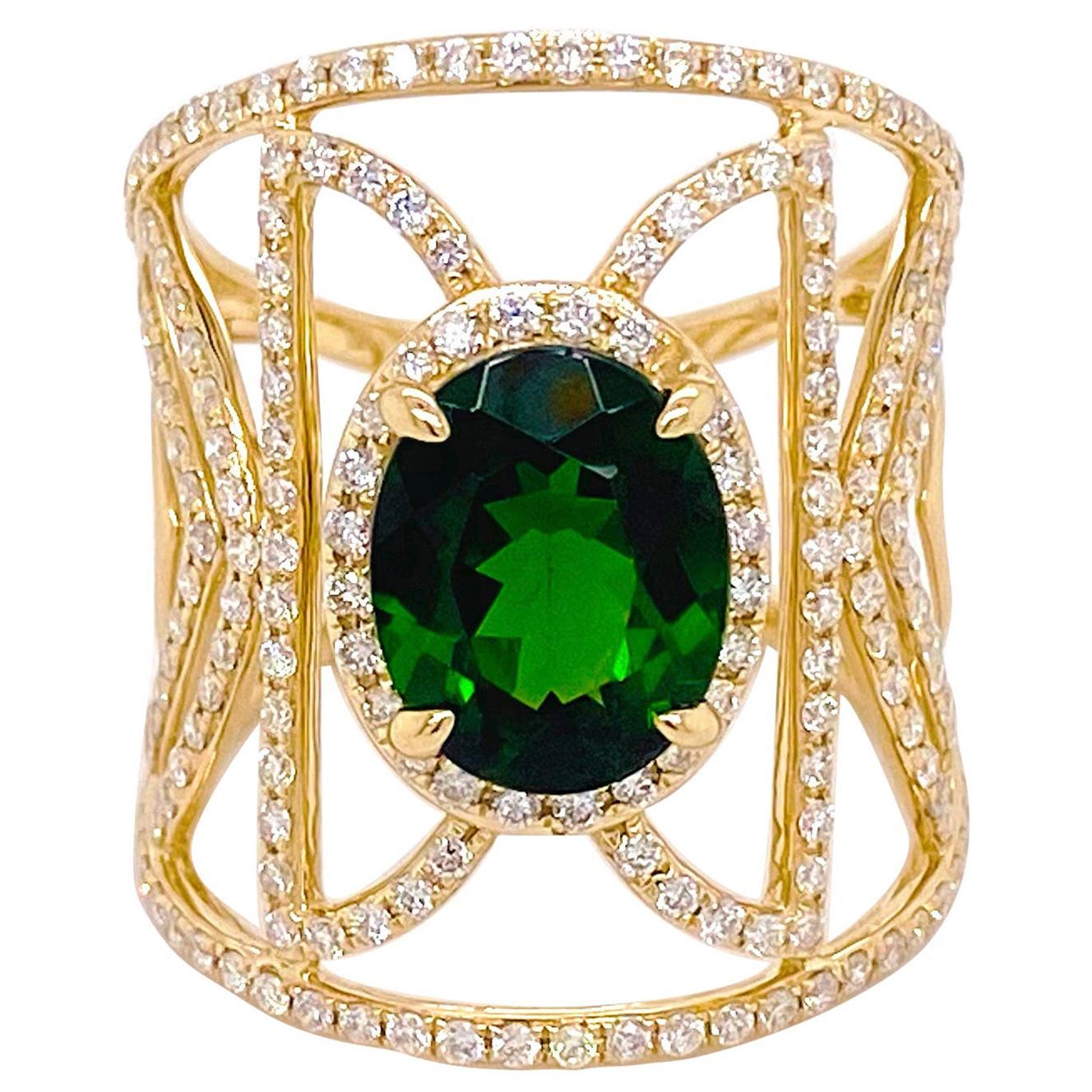 Russalite Diamond Ring, Cigar Band in Yellow Gold, 2.45 Ct Emerald 186 Diamonds
