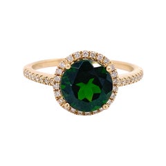 Russalite Diamond Ring, Yellow Gold, Diamond Halo Natural Round Emerald Ring