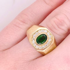 Russalite Men Diamond Ring, Yellow Gold, Oval Green Natural Gemstone Signet Ring