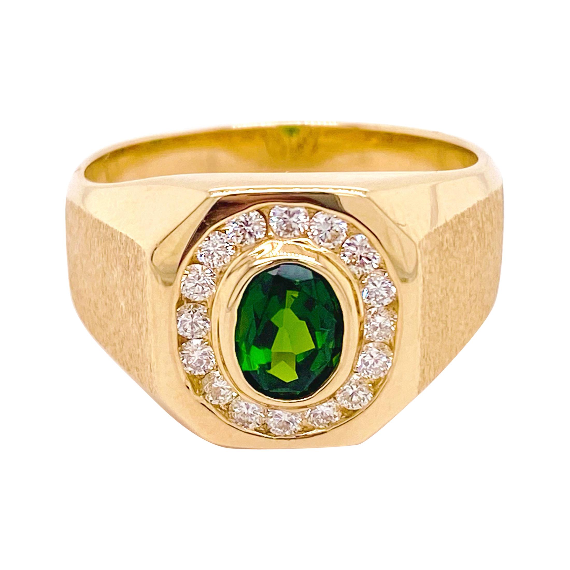 Russalite Men Diamond Ring, Yellow Gold, Oval Green Natural Gemstone Signet Ring