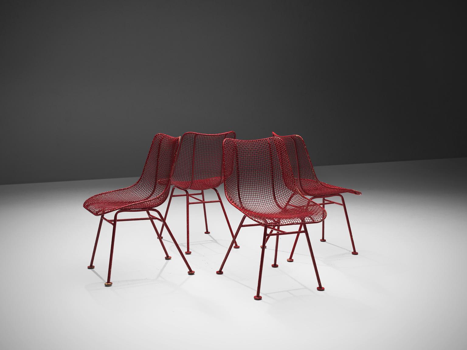 Lacquered Russall Woodard 'Sculptura' Set of Four Red Patio Chairs