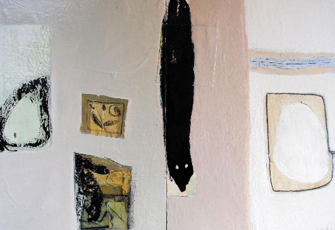 Black Snake Moan - contemporary abstract beige mixed media painting on board