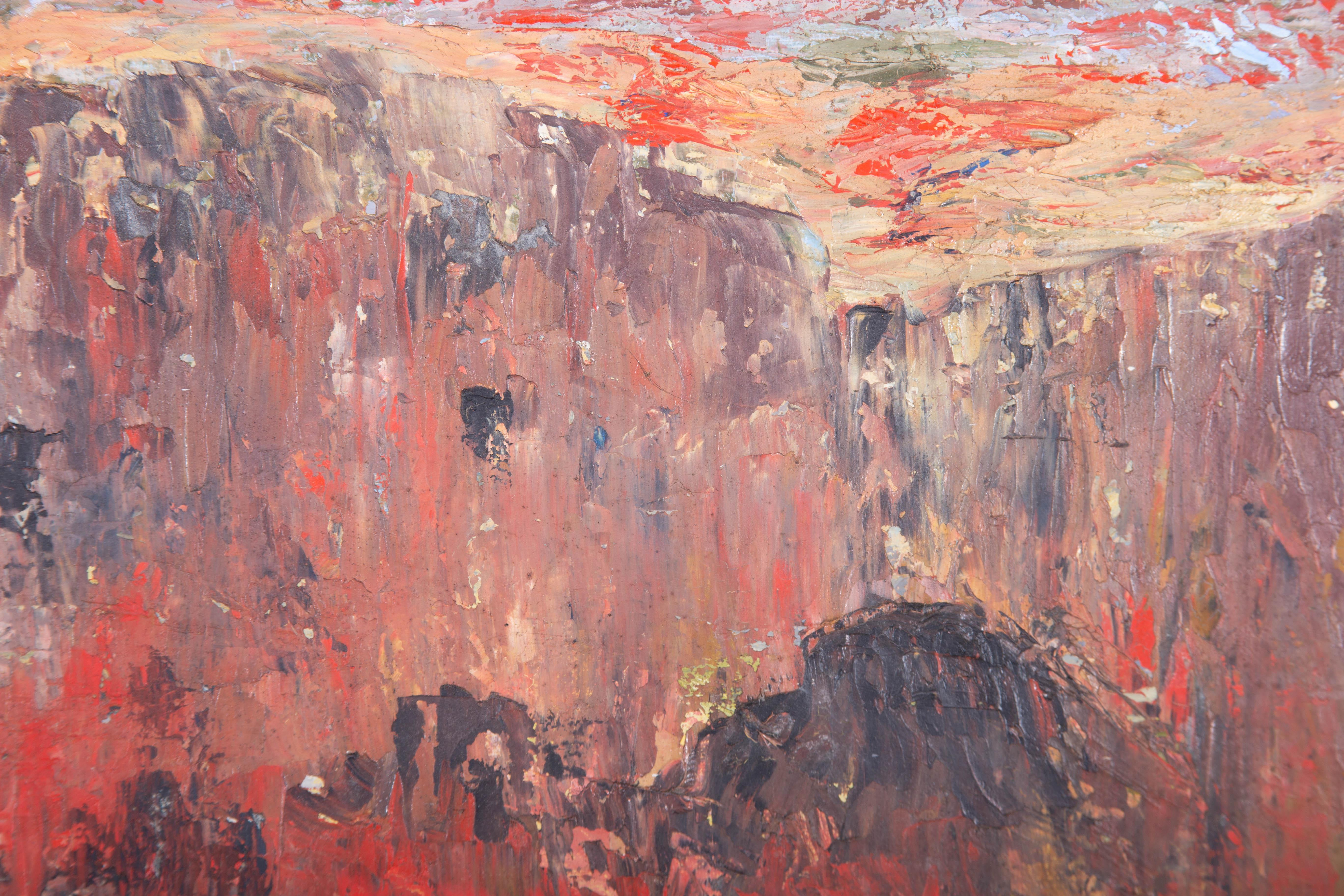 A dynamic and forceful semi abstract landscape in impasto oil. The artist has created an unrelentingly engaging piece with dramatic colour and atmosphere. The painting is signed to the lower right and there is an exhibition label at the reverse