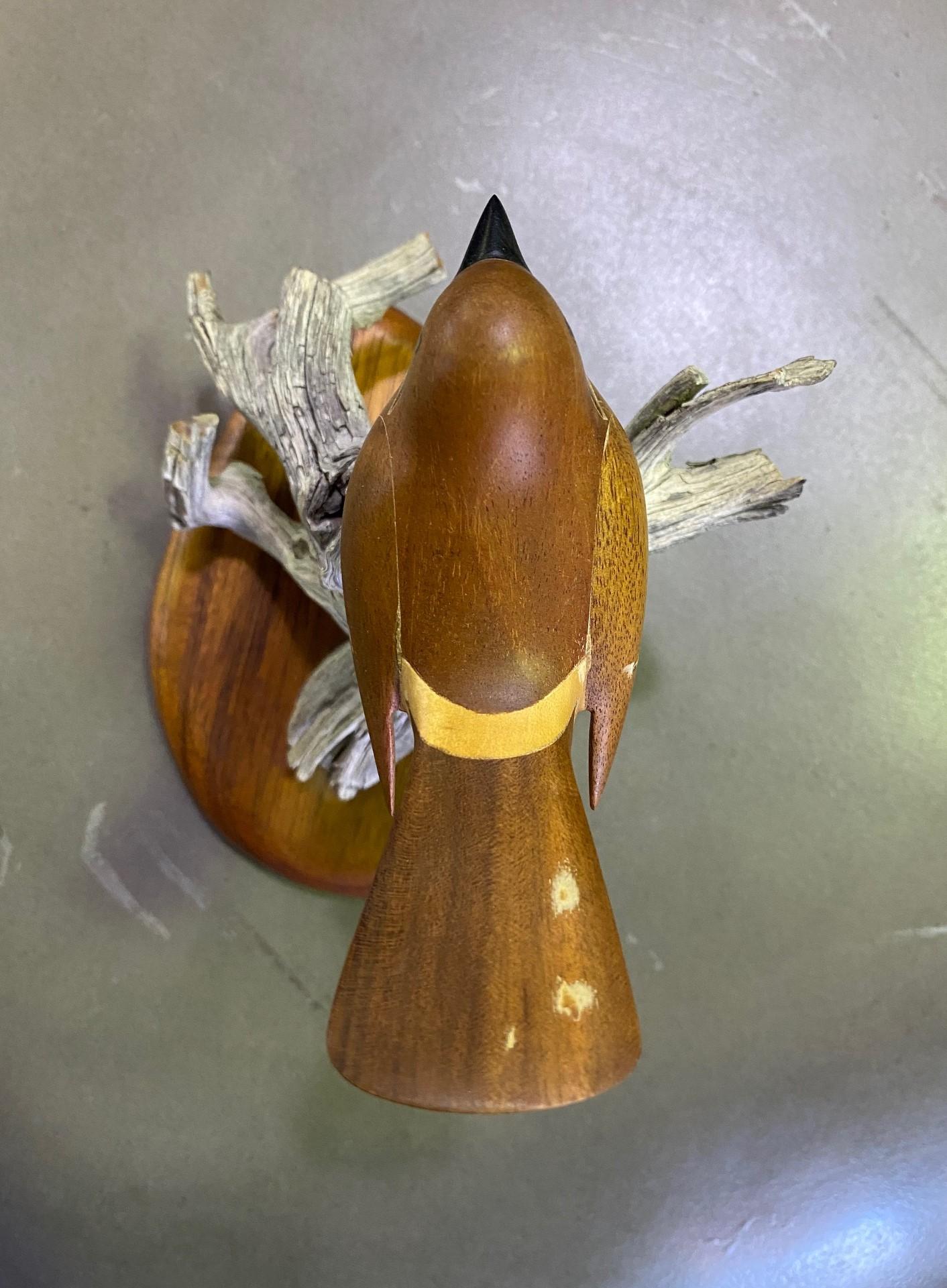Late 20th Century Russell Russ Graff Signed Hawaiian Artist Inlaid Carved Wood Bird Sculpture