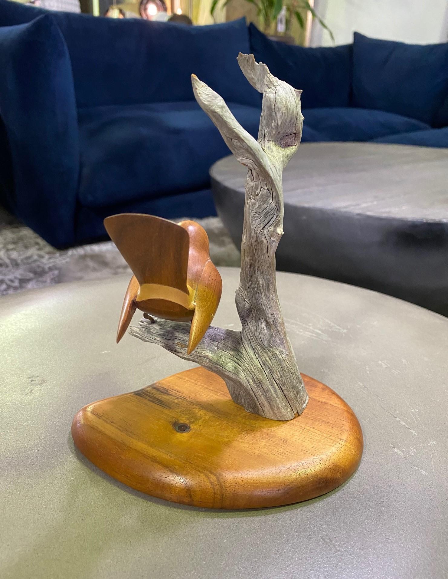 Modern Russell Russ Graff Signed Hawaiian Artist Inlaid Carved Wood Bird Sculpture For Sale