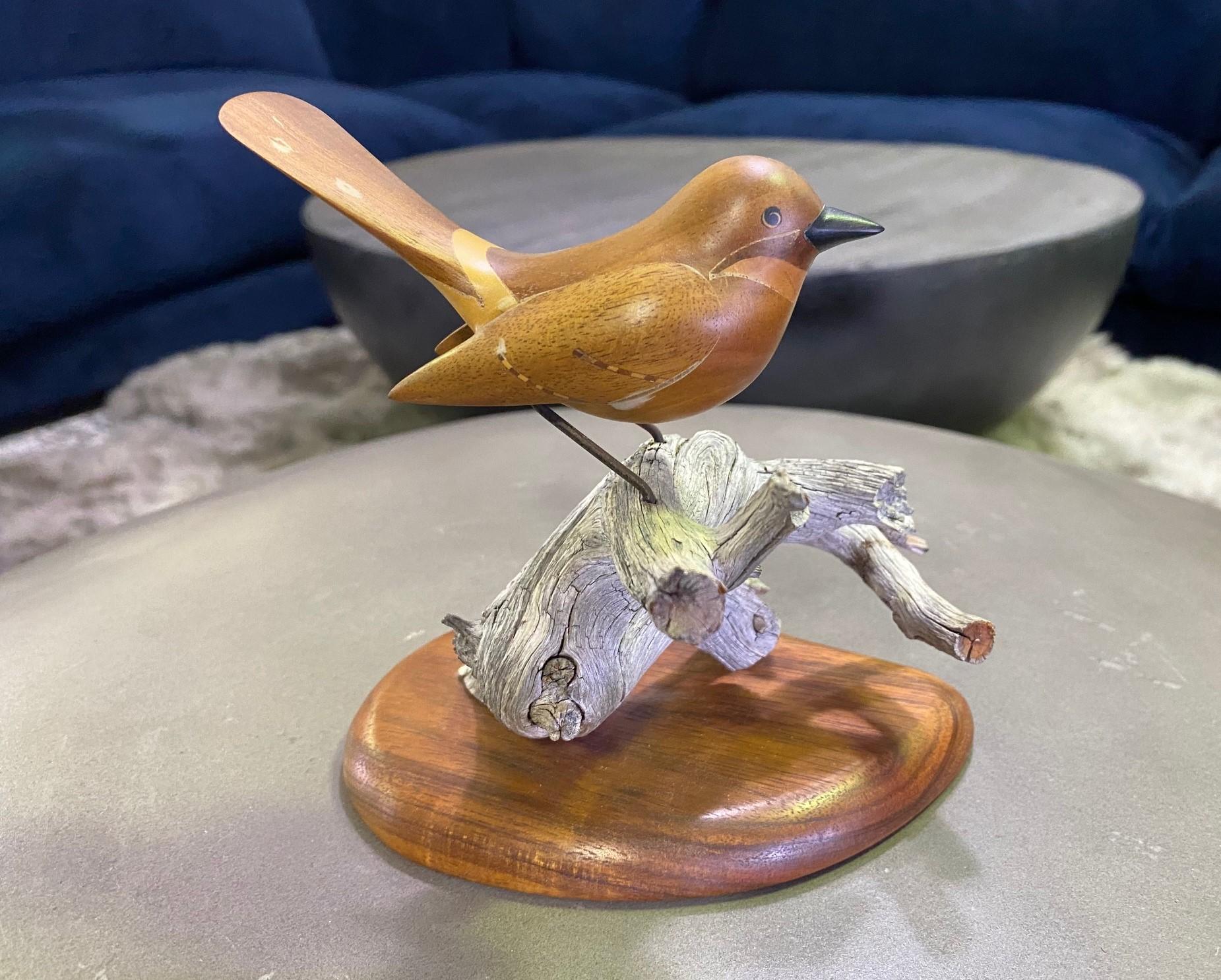 Modern Russell Russ Graff Signed Hawaiian Artist Inlaid Carved Wood Bird Sculpture