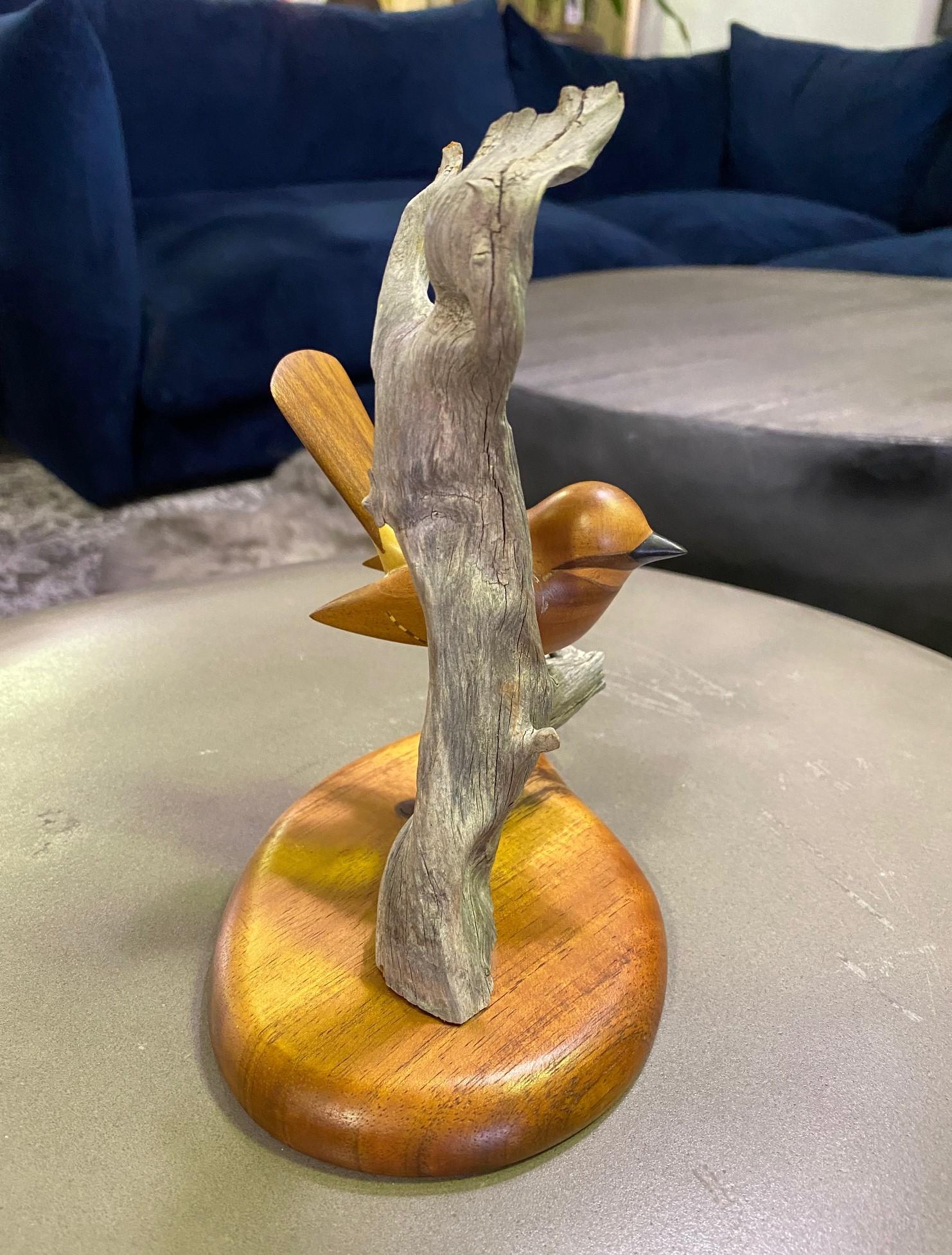 American Russell Russ Graff Signed Hawaiian Artist Inlaid Carved Wood Bird Sculpture For Sale