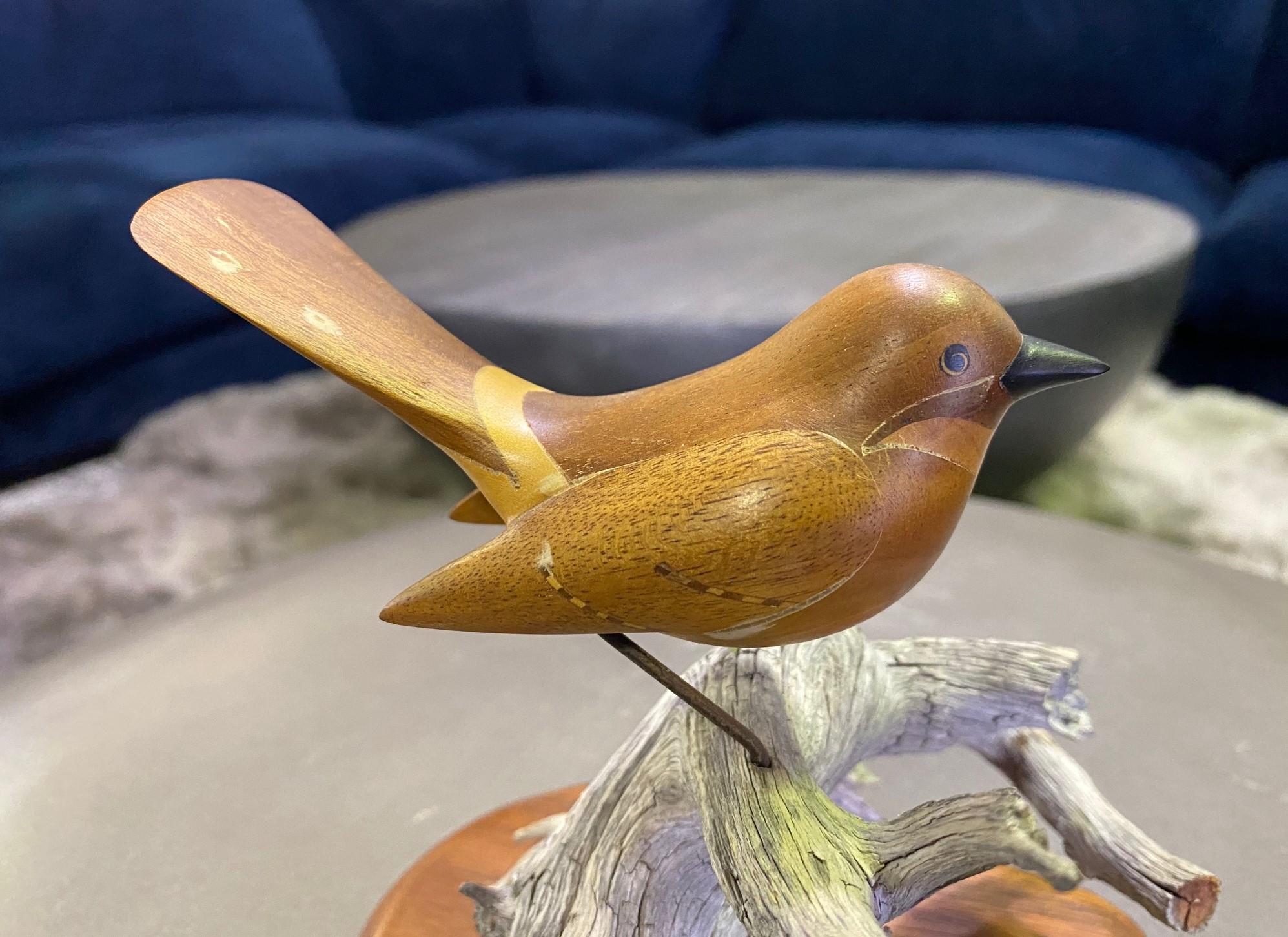 American Russell Russ Graff Signed Hawaiian Artist Inlaid Carved Wood Bird Sculpture