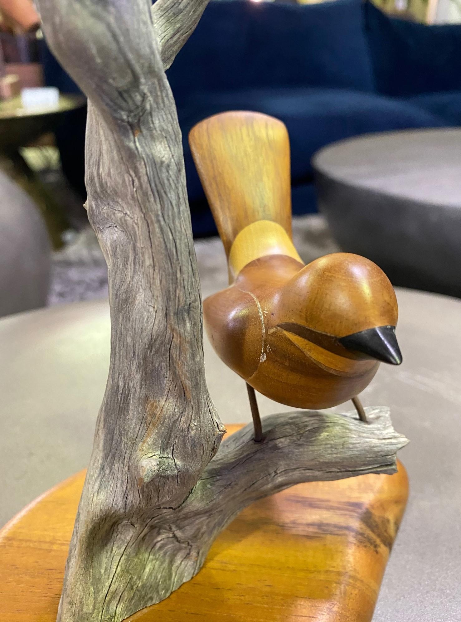 Hand-Carved Russell Russ Graff Signed Hawaiian Artist Inlaid Carved Wood Bird Sculpture For Sale