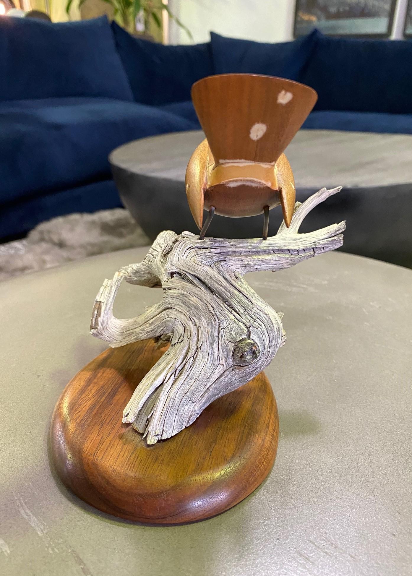 Hand-Carved Russell Russ Graff Signed Hawaiian Artist Inlaid Carved Wood Bird Sculpture