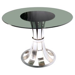 Russel Woodard Polished Aluminum Base Round Smoked Glass Top Dining Cafe Table