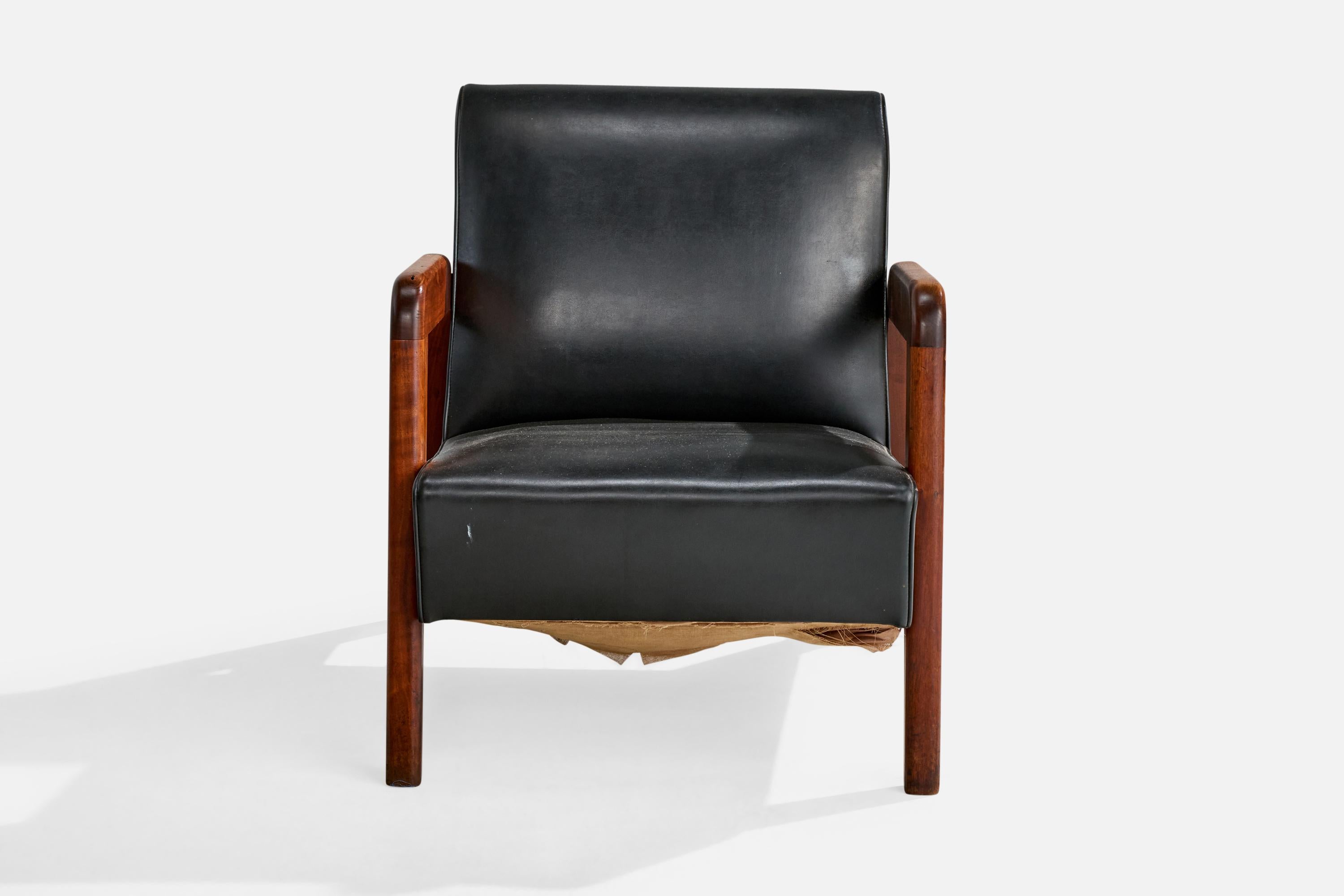 Americano Attribuzione Russel Wright, Sedia da salotto, Wood, Vinile, USA, anni '40 in vendita