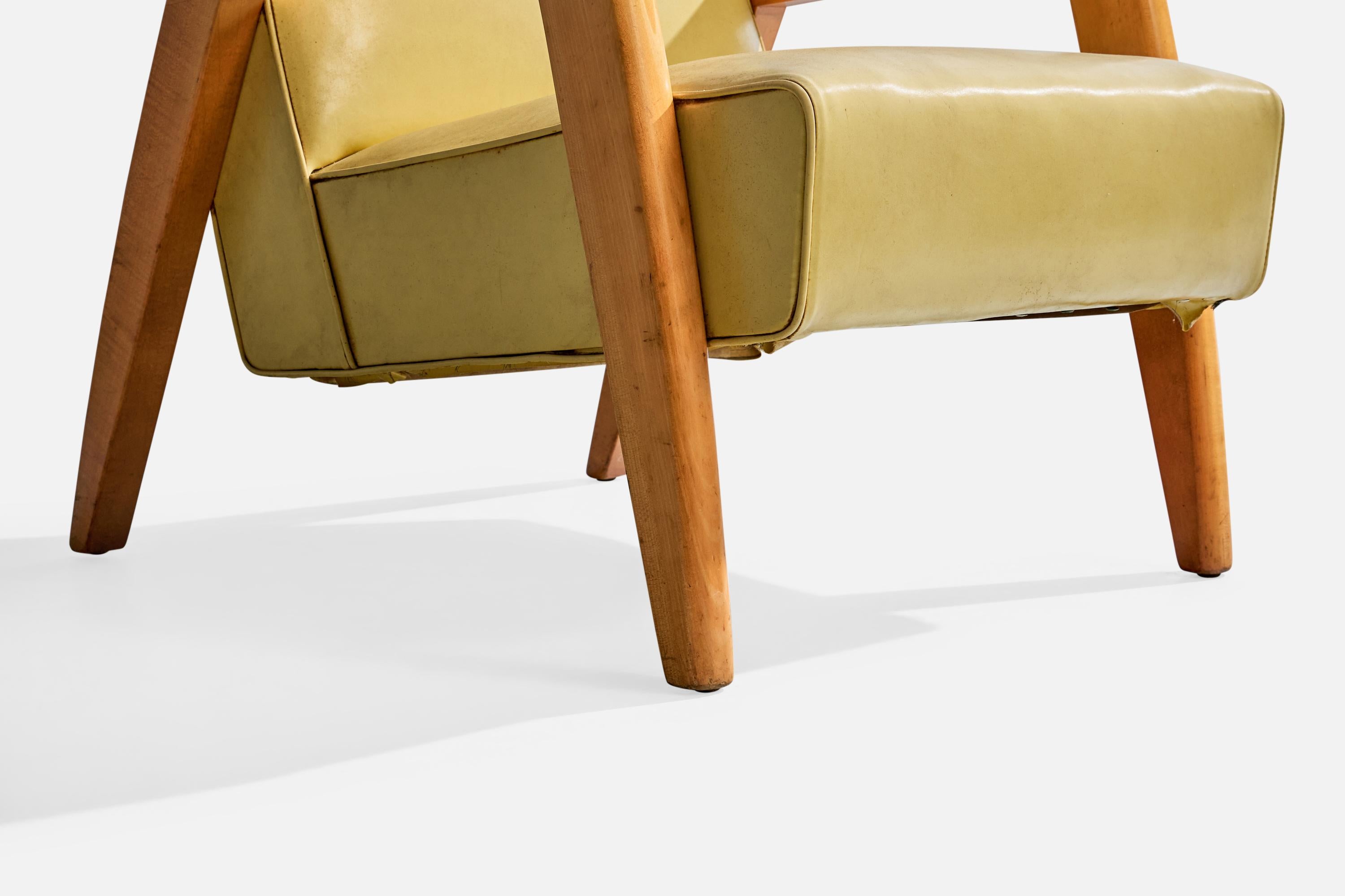 American Russel Wright Attribution, Lounge Chair, Wood, Vinyl, USA, 1940s For Sale