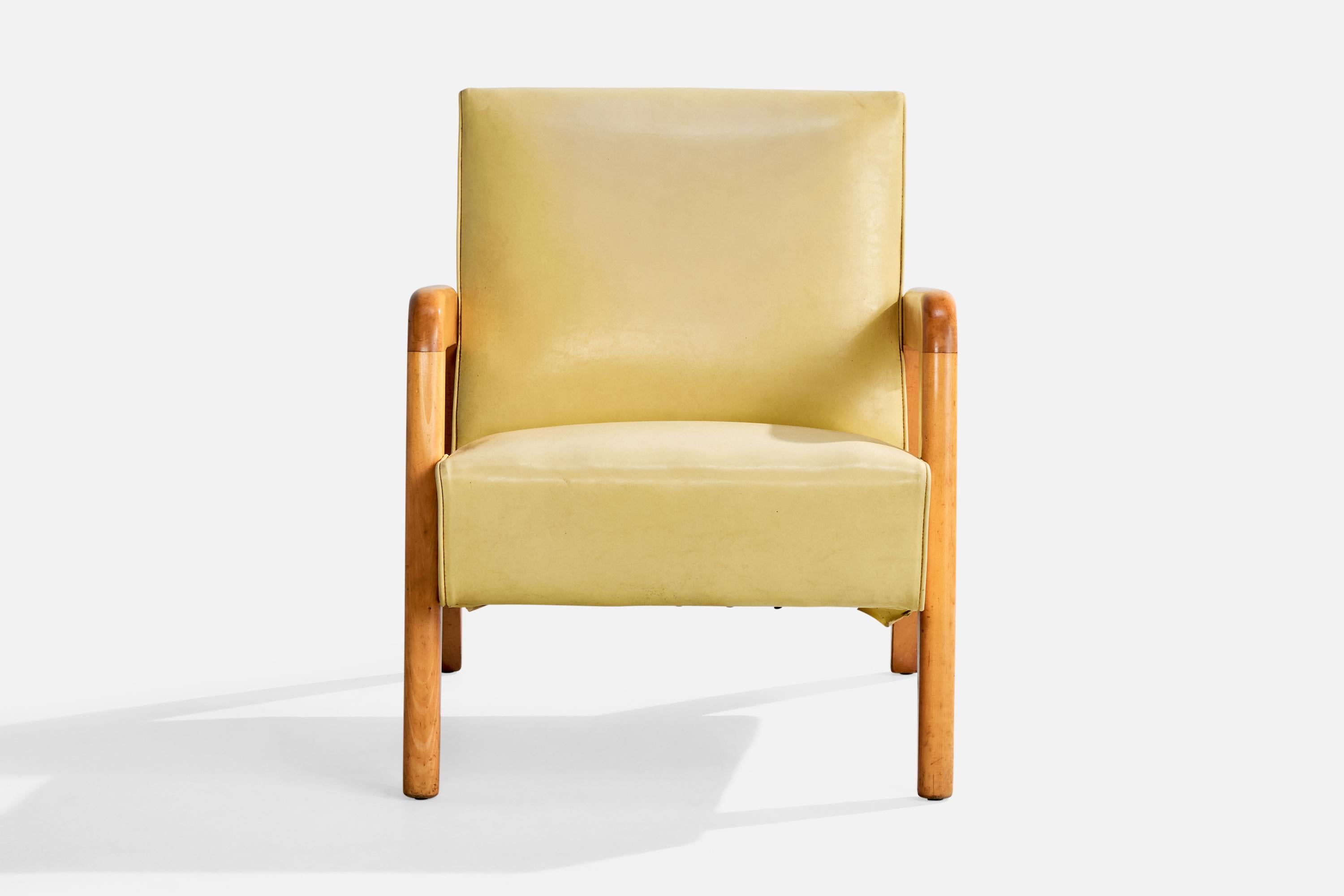 Mid-20th Century Russel Wright Attribution, Lounge Chair, Wood, Vinyl, USA, 1940s For Sale