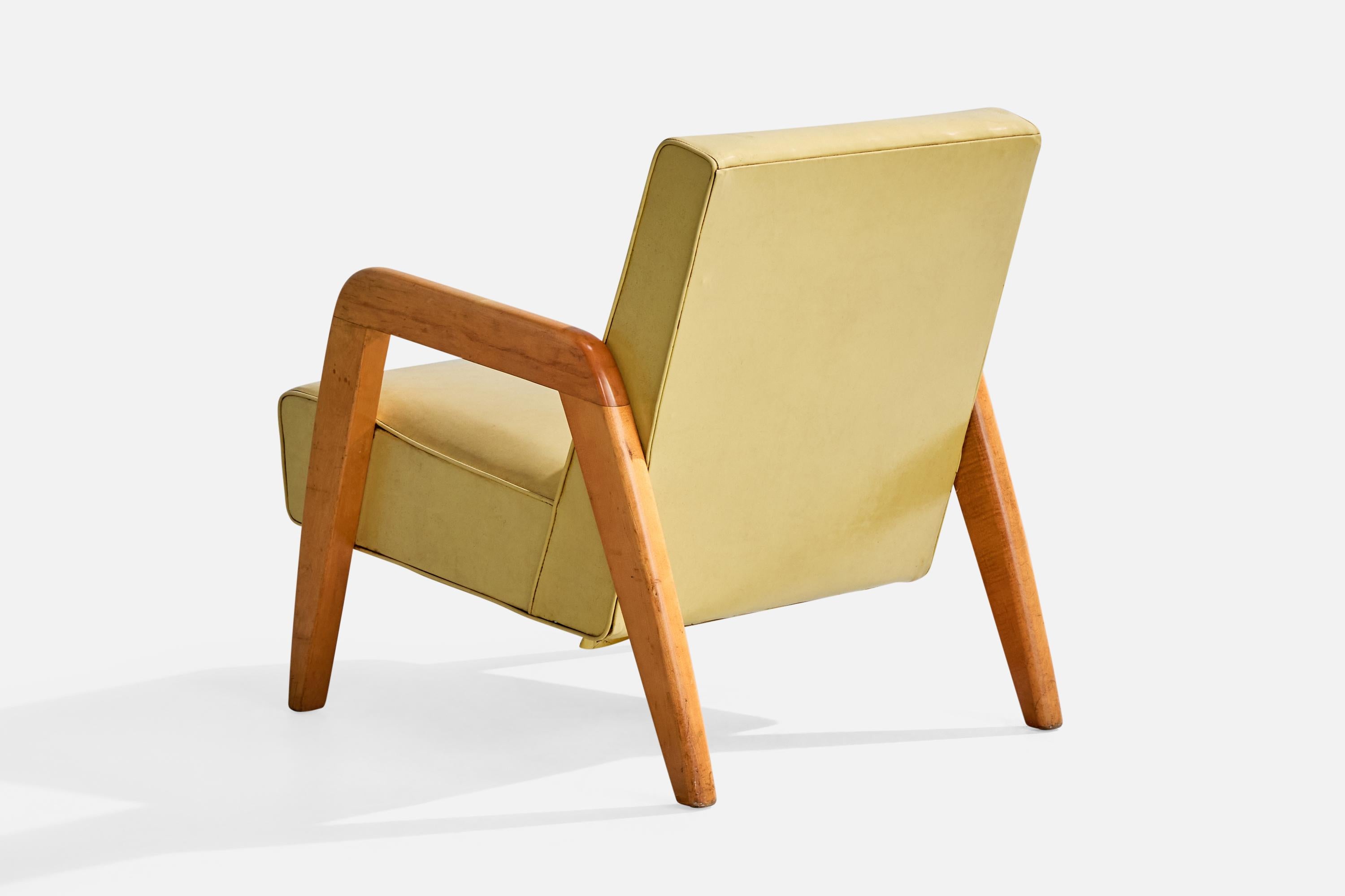 Upholstery Russel Wright Attribution, Lounge Chair, Wood, Vinyl, USA, 1940s For Sale