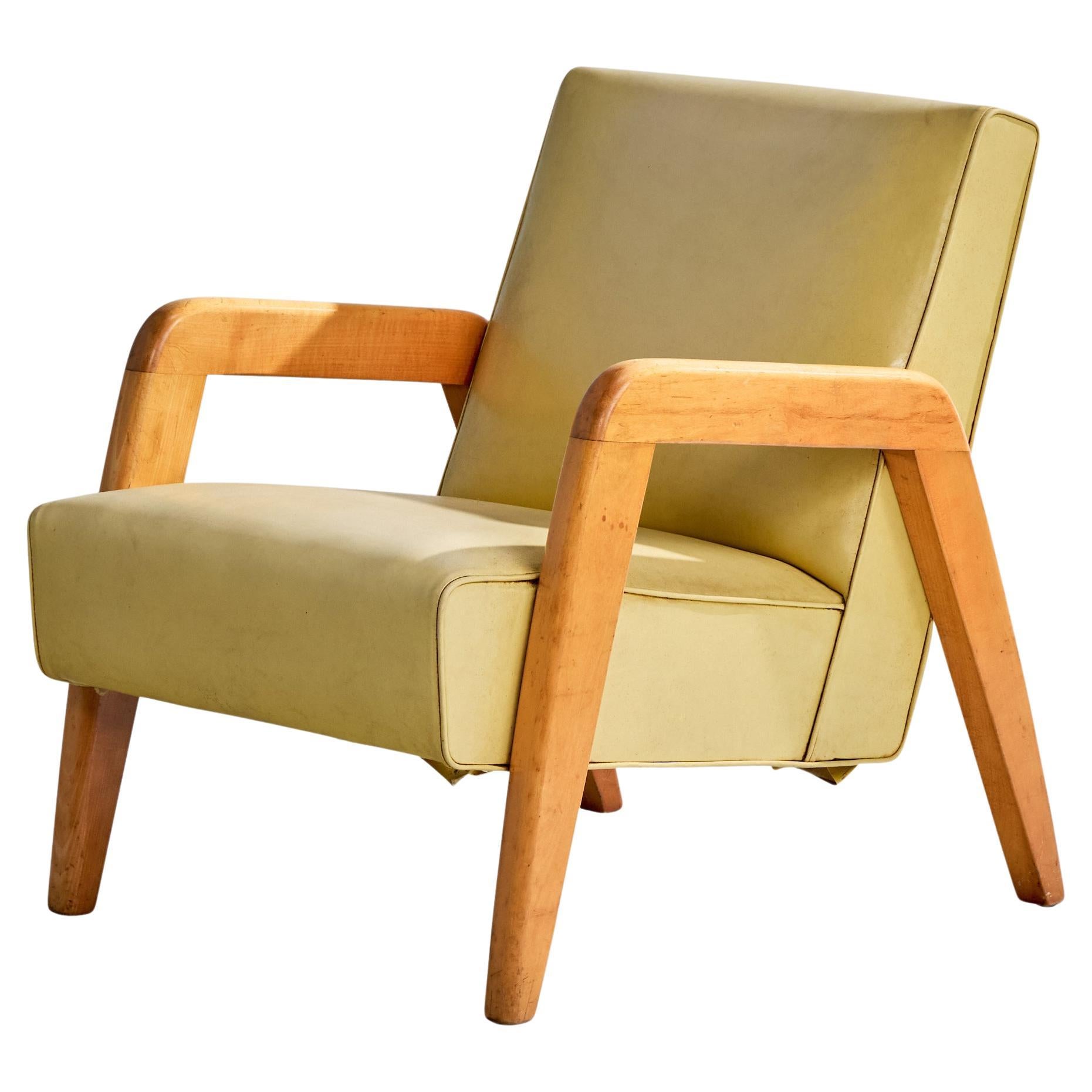 Russel Wright Attribution, Lounge Chair, Wood, Vinyl, USA, 1940s For Sale