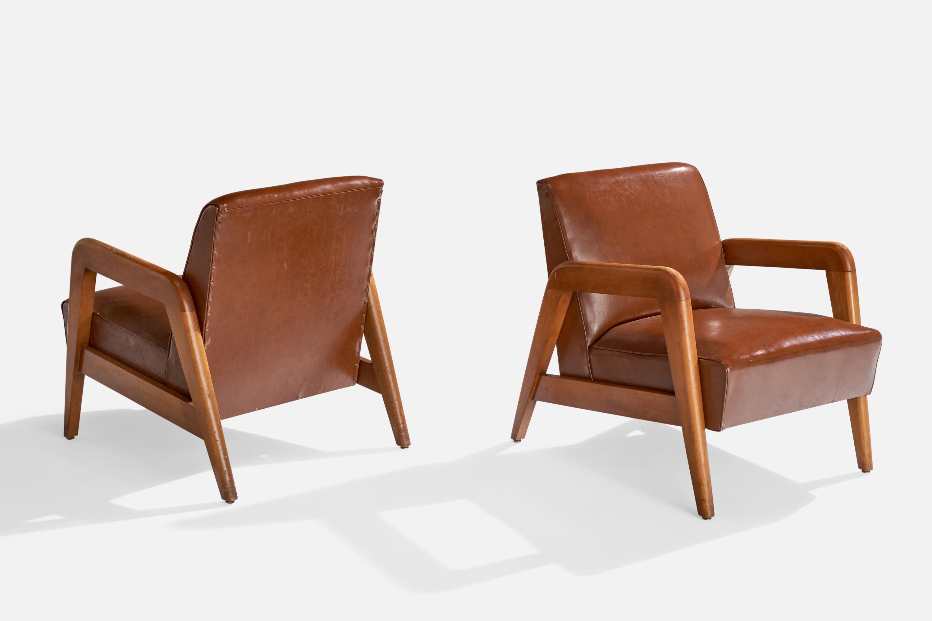 Russel Wright Attribution, Loungesessel, Holz, Leder, USA, 1940er Jahre im Zustand „Relativ gut“ im Angebot in High Point, NC