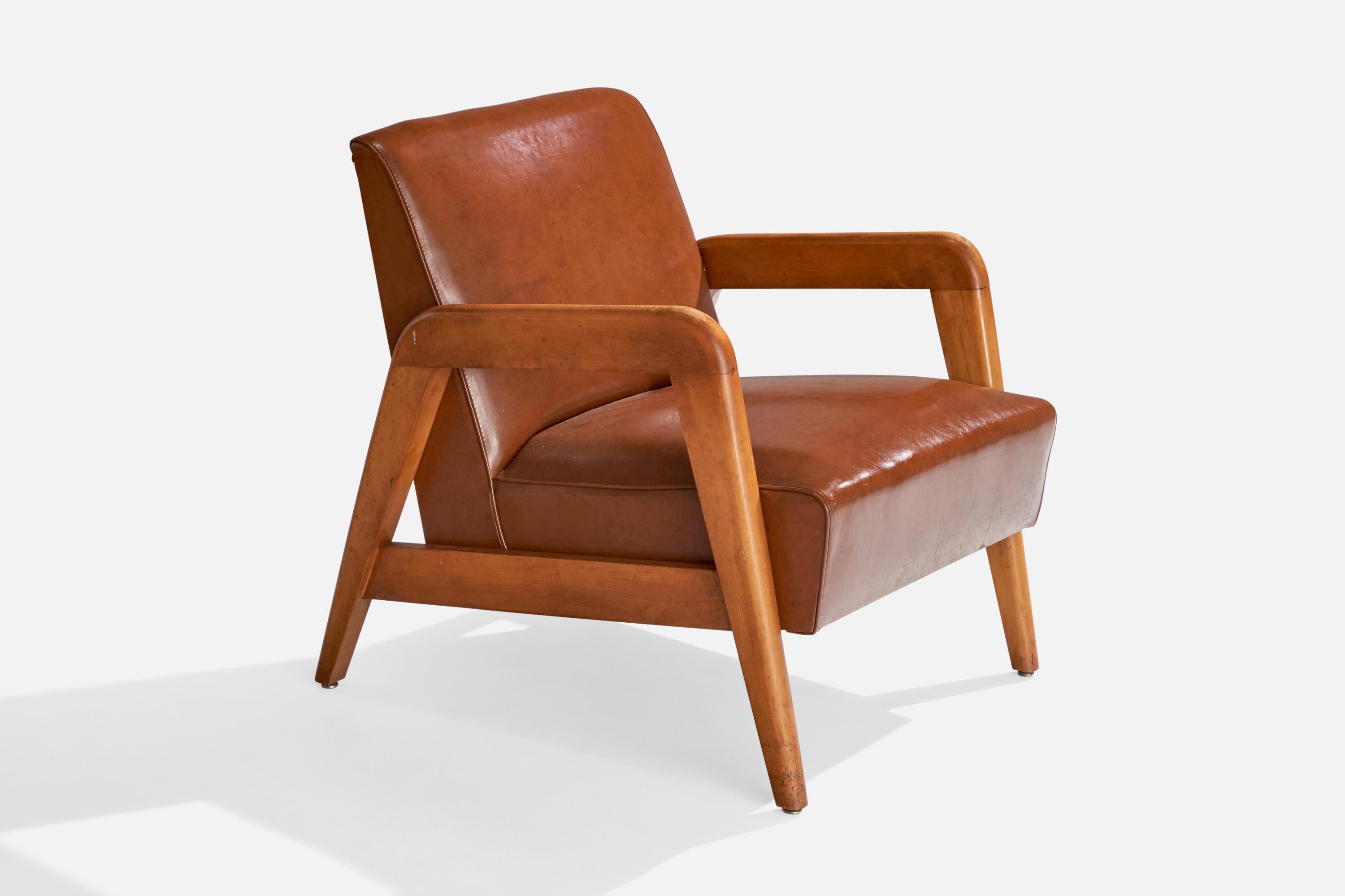 Russel Wright Attribution, Loungesessel, Holz, Leder, USA, 1940er Jahre (Mitte des 20. Jahrhunderts) im Angebot
