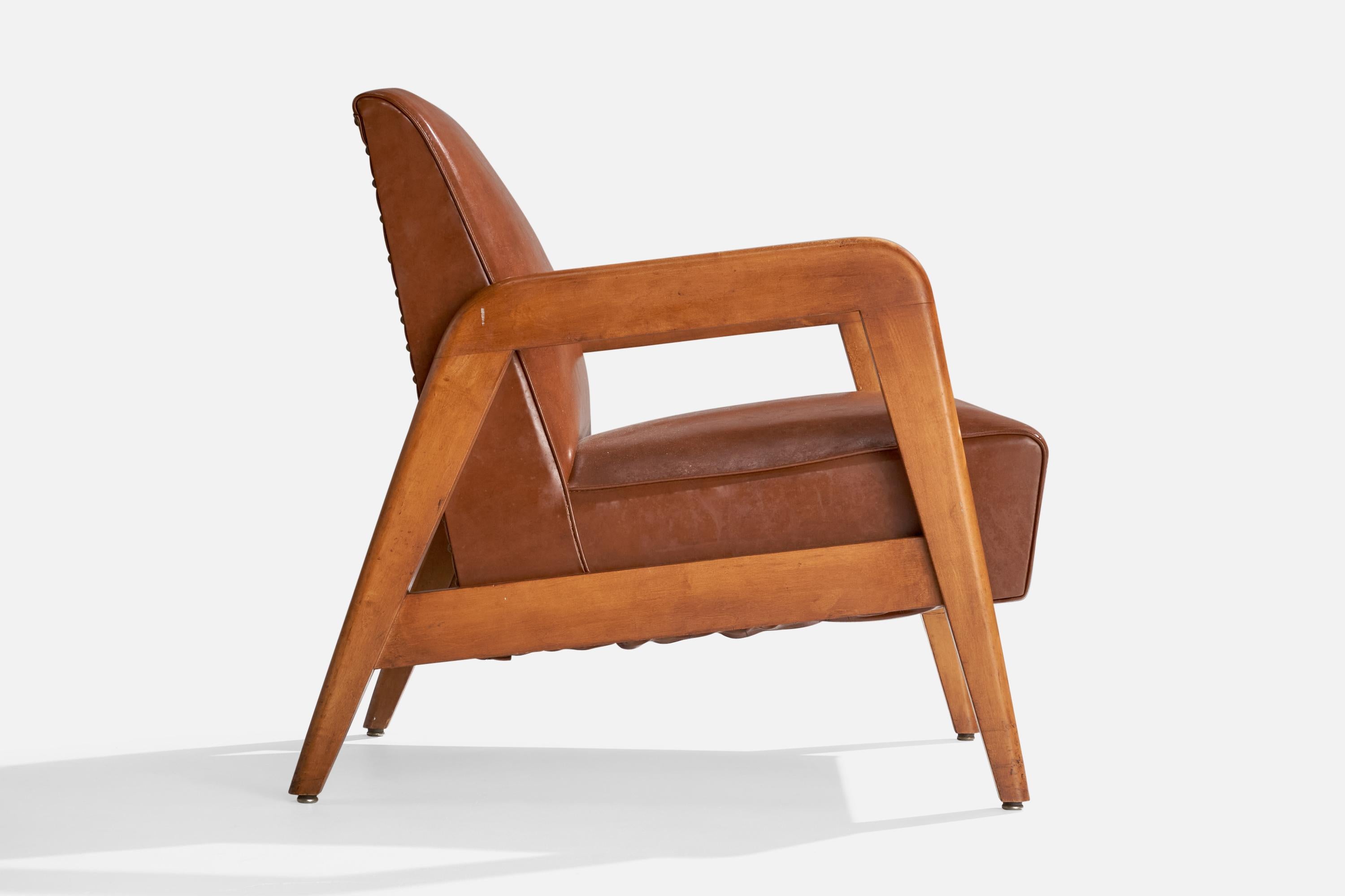 Russel Wright Attribution, Loungesessel, Holz, Leder, USA, 1940er Jahre im Angebot 1
