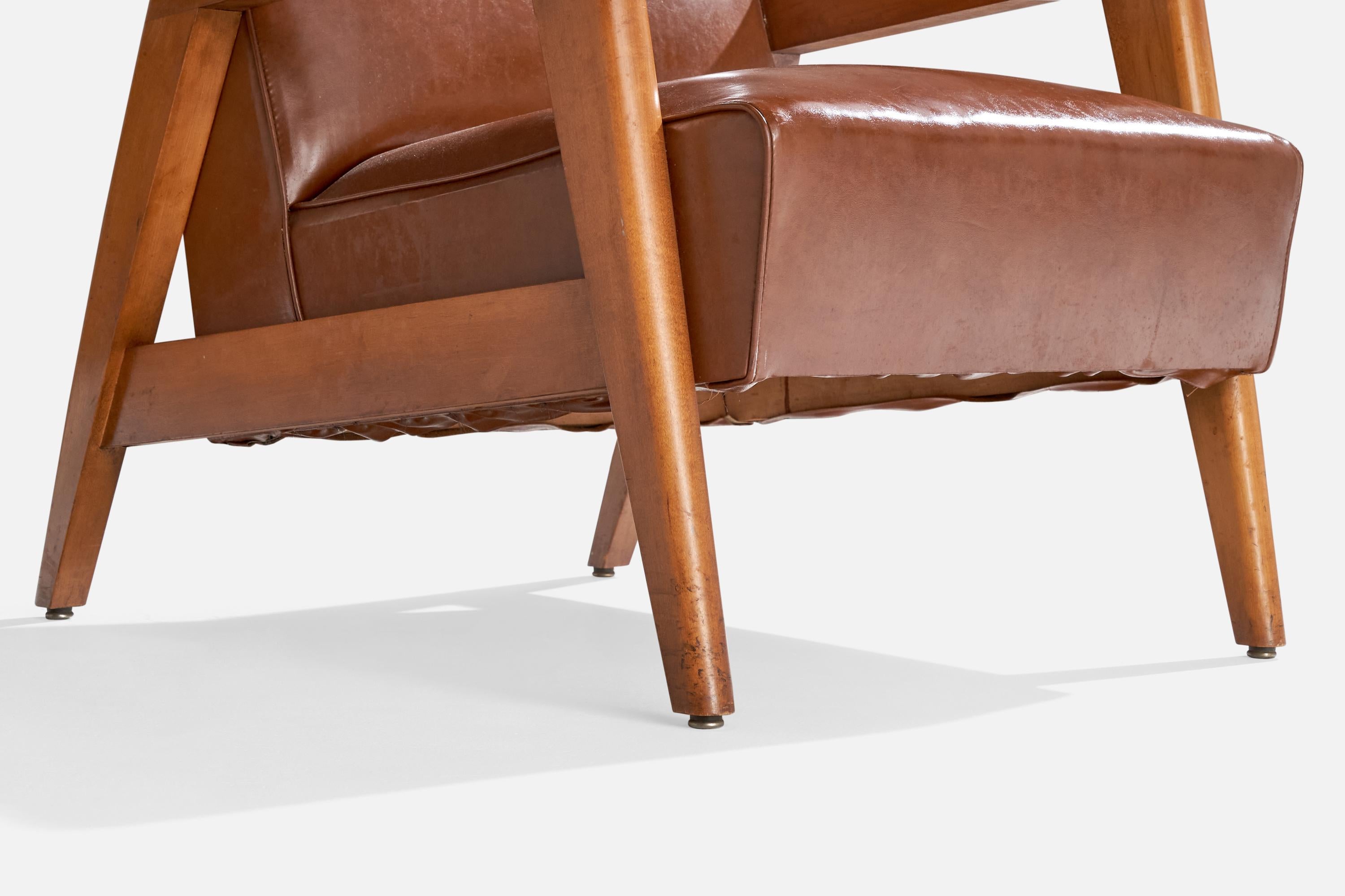 Russel Wright Attribution, Loungesessel, Holz, Leder, USA, 1940er Jahre im Angebot 3
