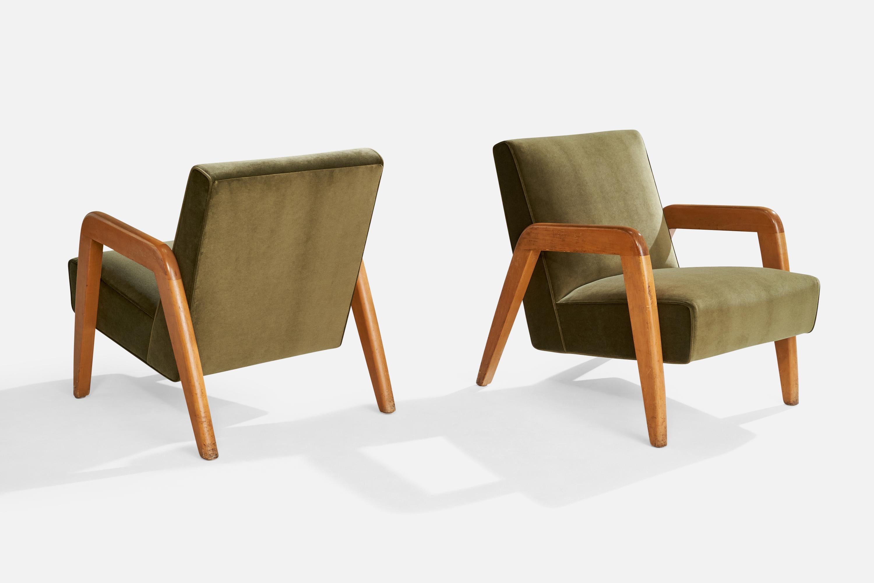 American Russel Wright Attribution, Lounge Chairs, Wood, Velvet, USA, 1940s For Sale