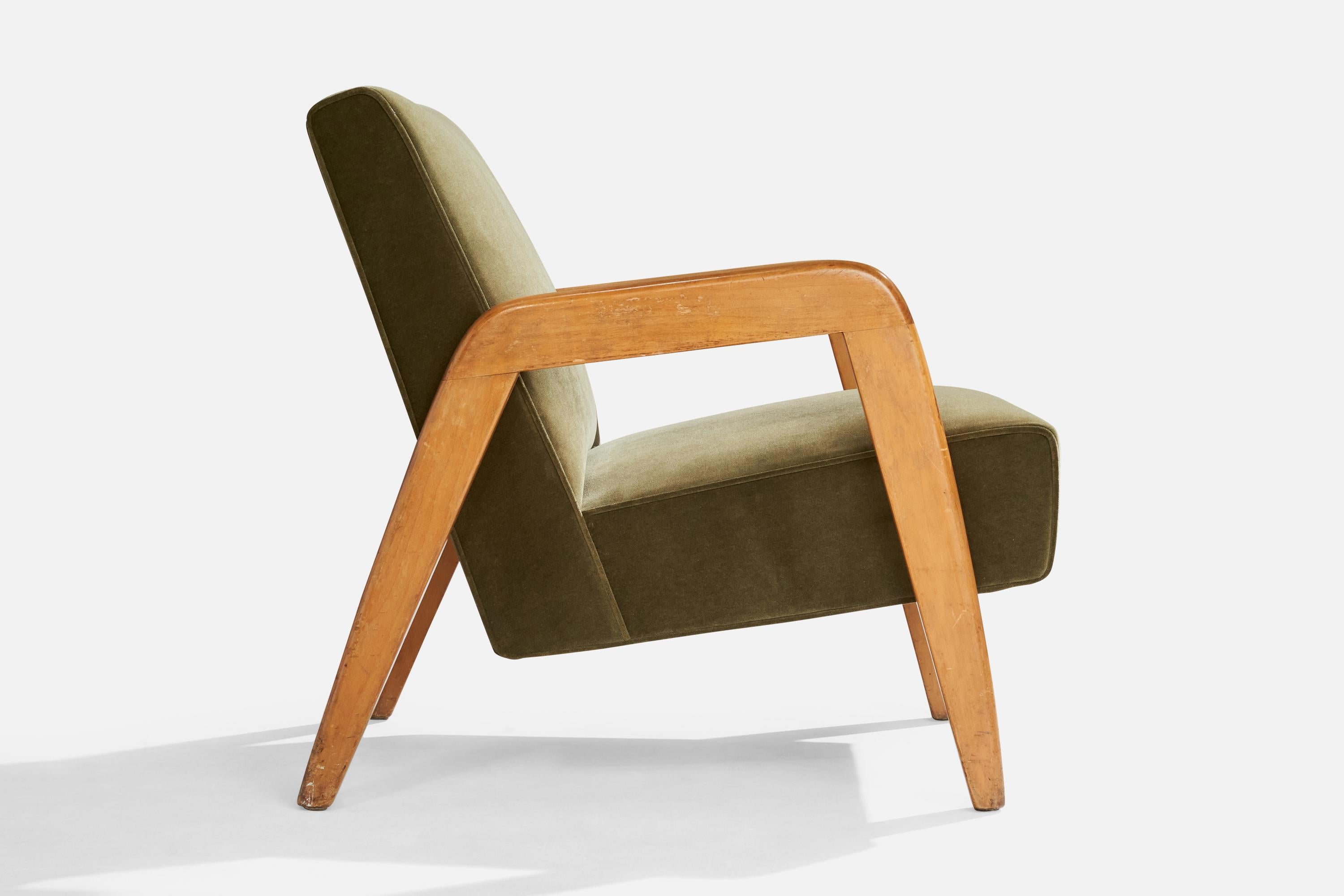 Mid-20th Century Russel Wright Attribution, Lounge Chairs, Wood, Velvet, USA, 1940s For Sale