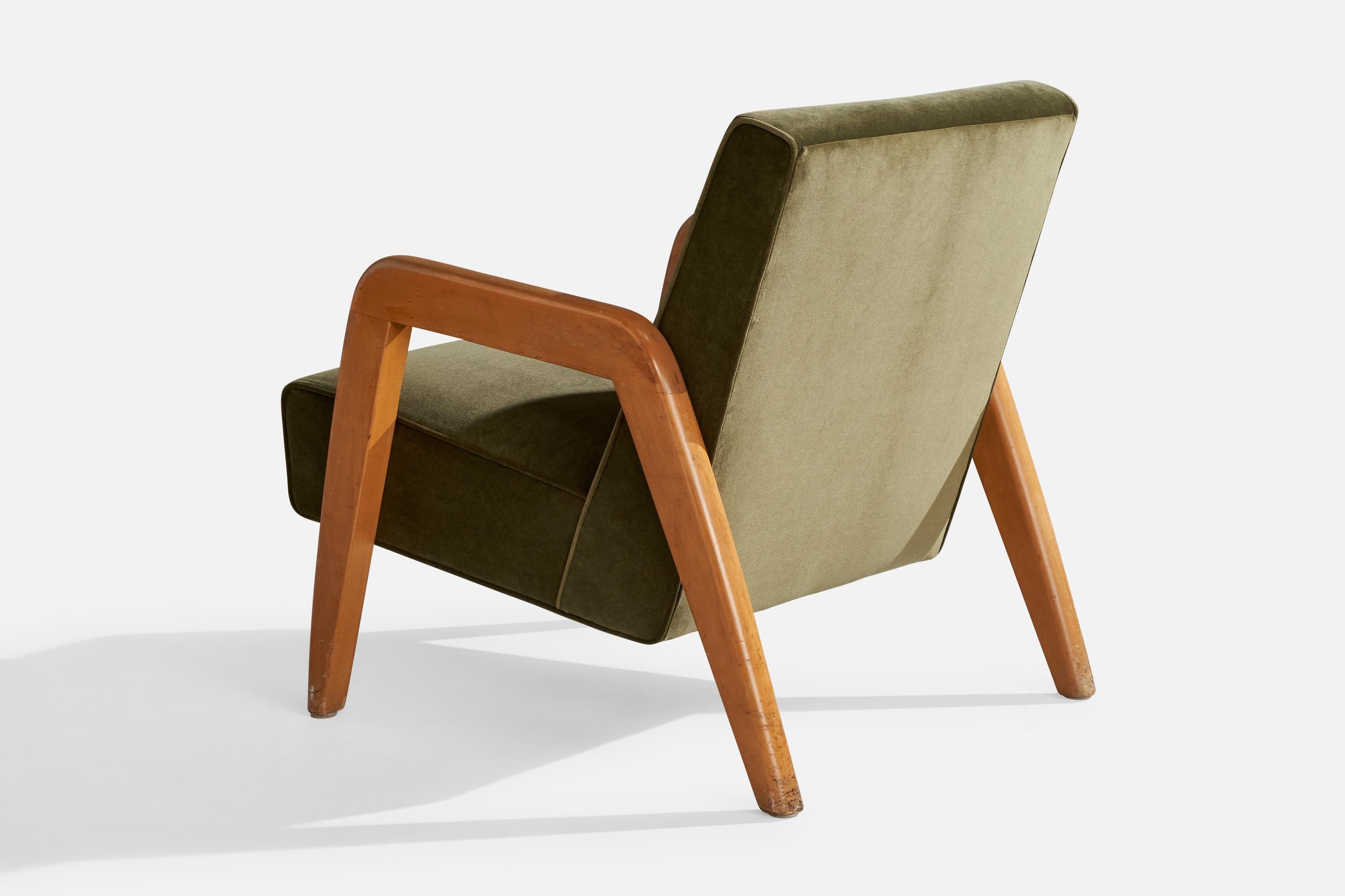 Fabric Russel Wright Attribution, Lounge Chairs, Wood, Velvet, USA, 1940s For Sale