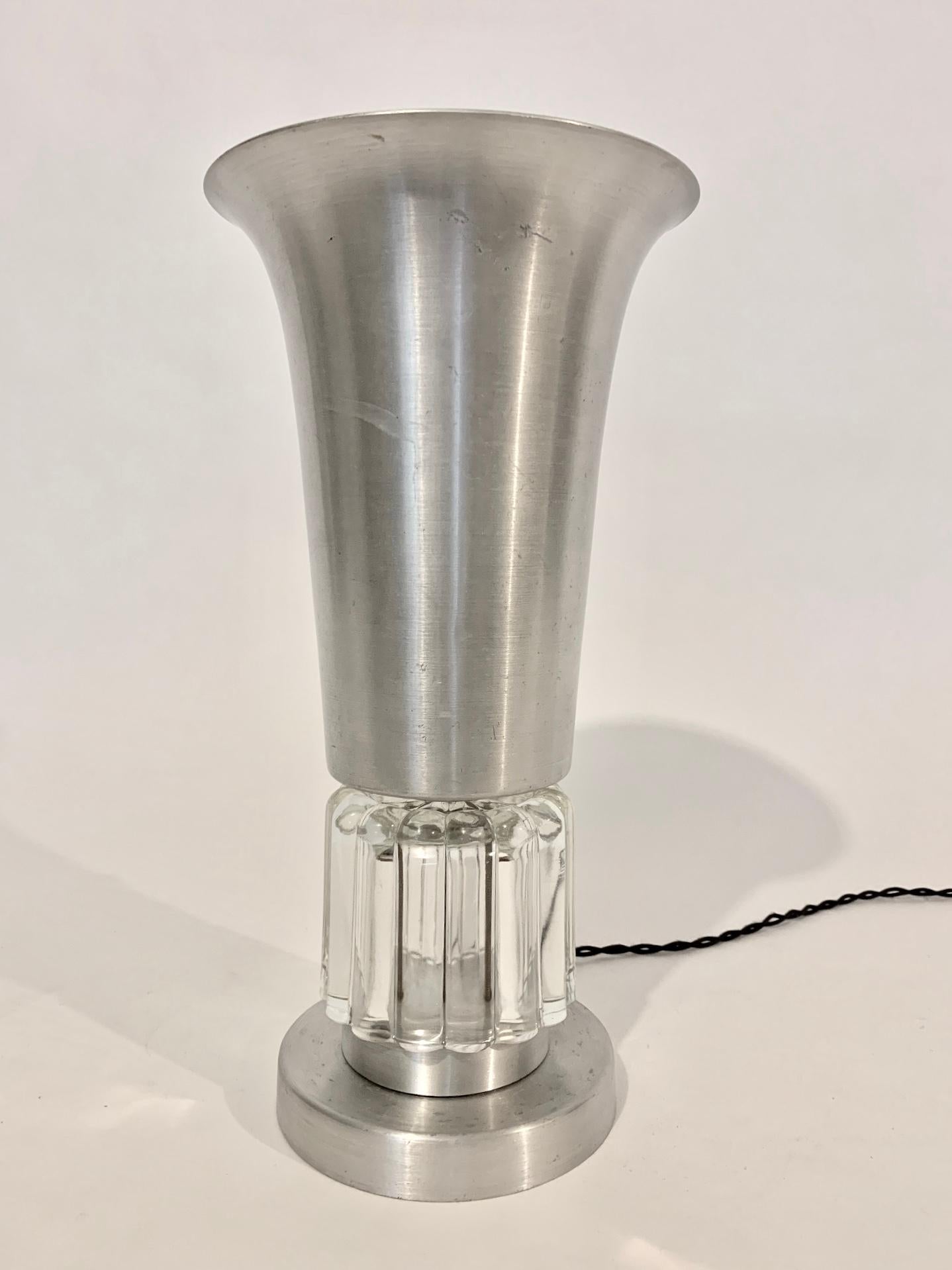 20th Century Russel Wright Brushed Aluminum and Crystal Up Light, circa 1940