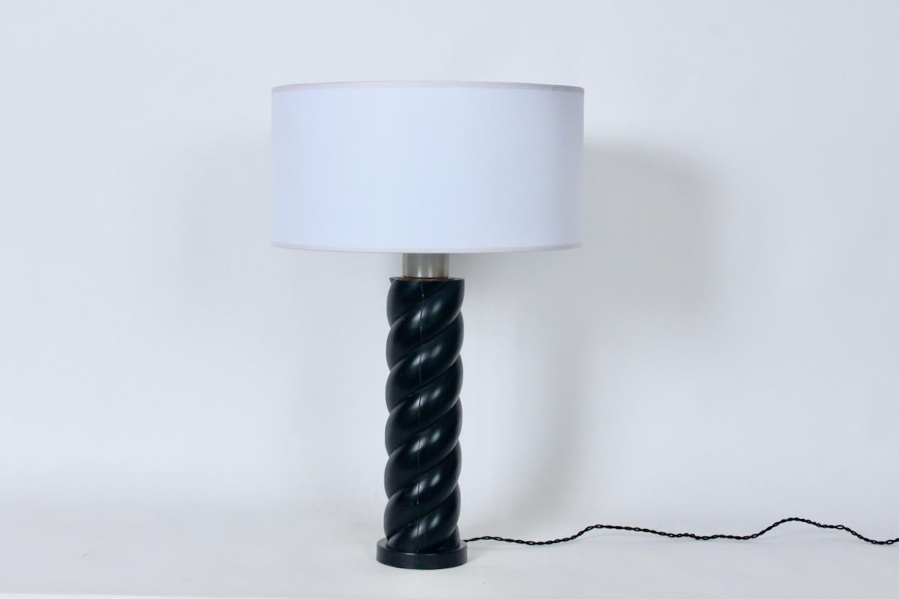 Russel Wright attributed Ebonized Oak Barley Twist Table Lamp, 1940's. Featuring a sturdy, balanced Black lacquered twist column, Aluminum neck, includes period Milk Glass liner shade (5H x 6D), ceramic mogul socket with reducer, a top a circular