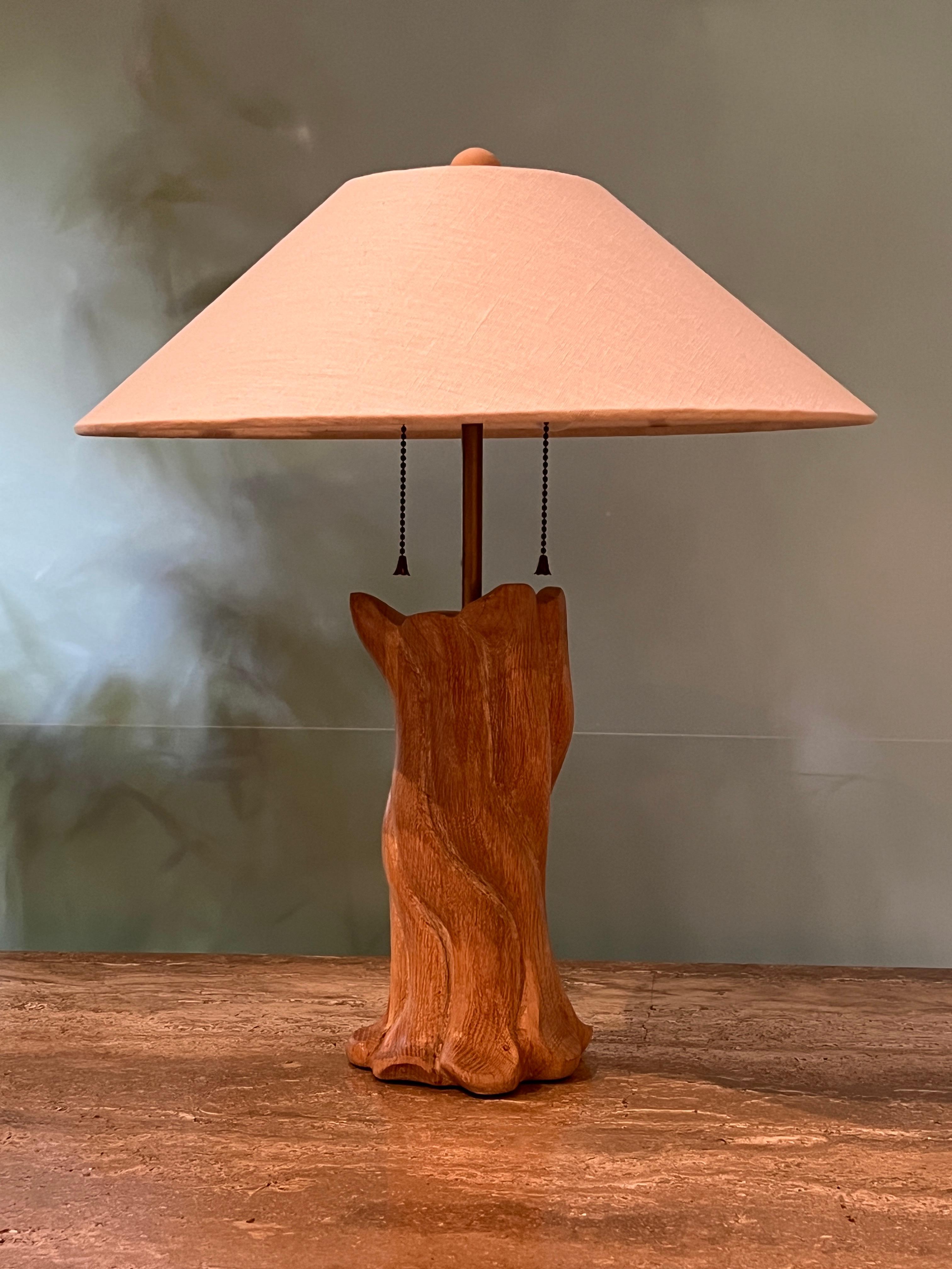 A rare carved oak 'Fairmont' table lamp designed by Russel Wright, 1935.