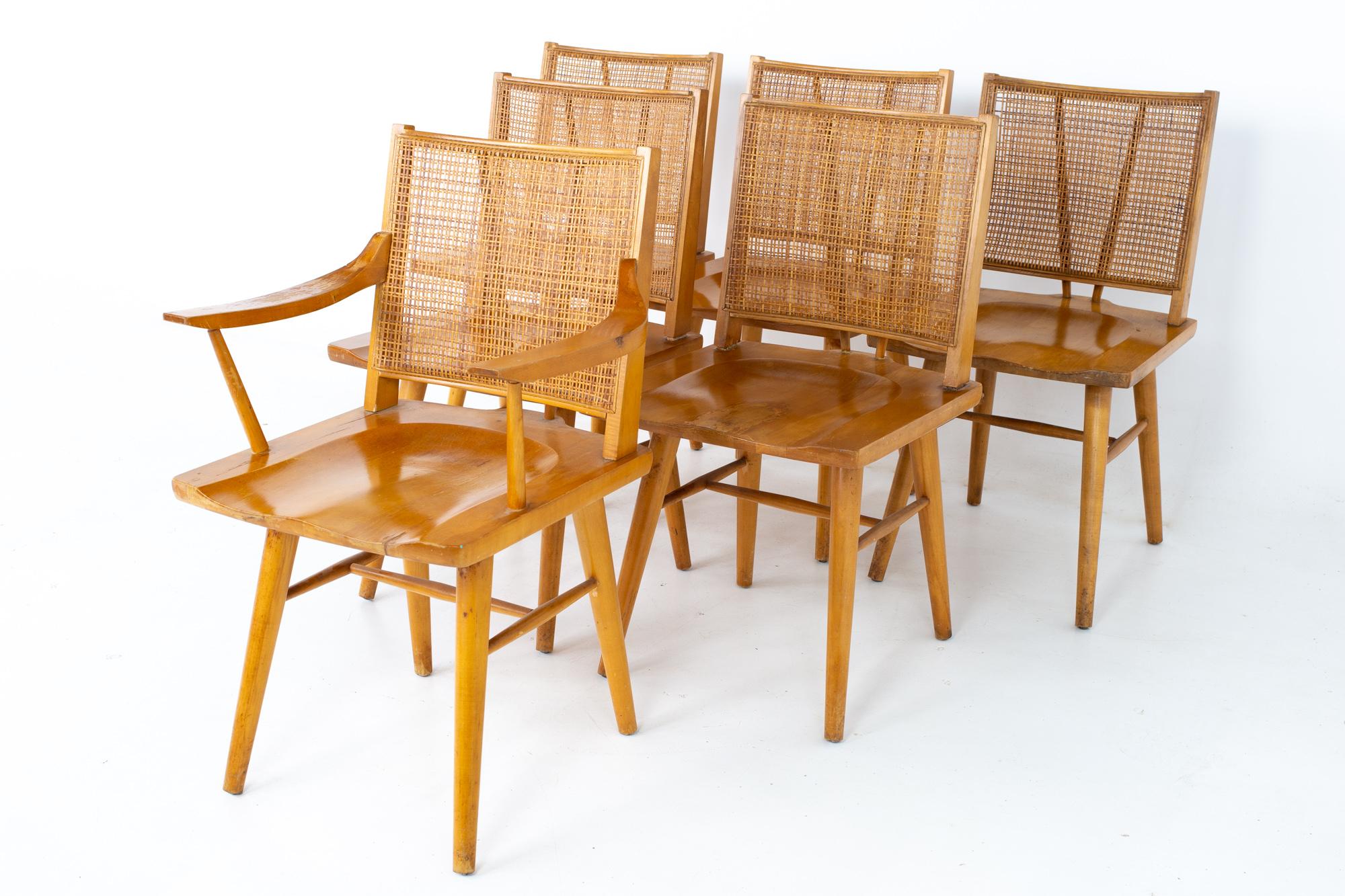 Russel Wright for Conant ball midcentury blonde midcentury dining chairs, set of 6
Each chair measures: 22 wide x 20 deep x 33 high, with a seat height of 17 inches 

All pieces of furniture can be had in what we call restored vintage condition.