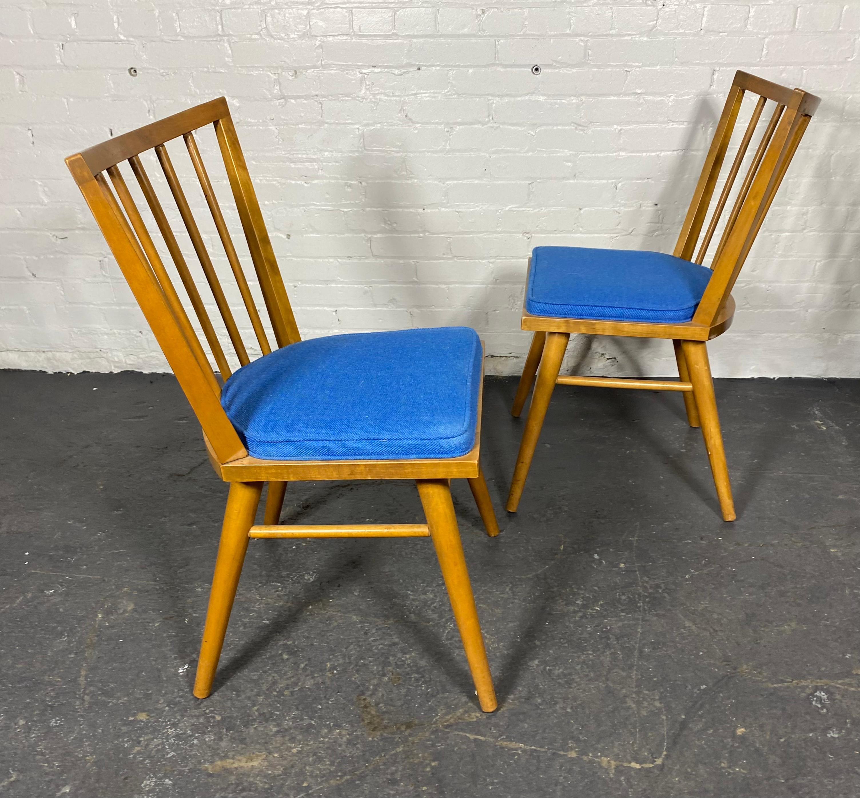 Set of 4 Russel Wright for Conant Ball Mid Century Modern Blonde Birchwood and Upholstered Dining Chairs,, Classic modernist design.Superior quality and construction,Retain original upholstered seat as well as they're original finish . ink-stamp,,