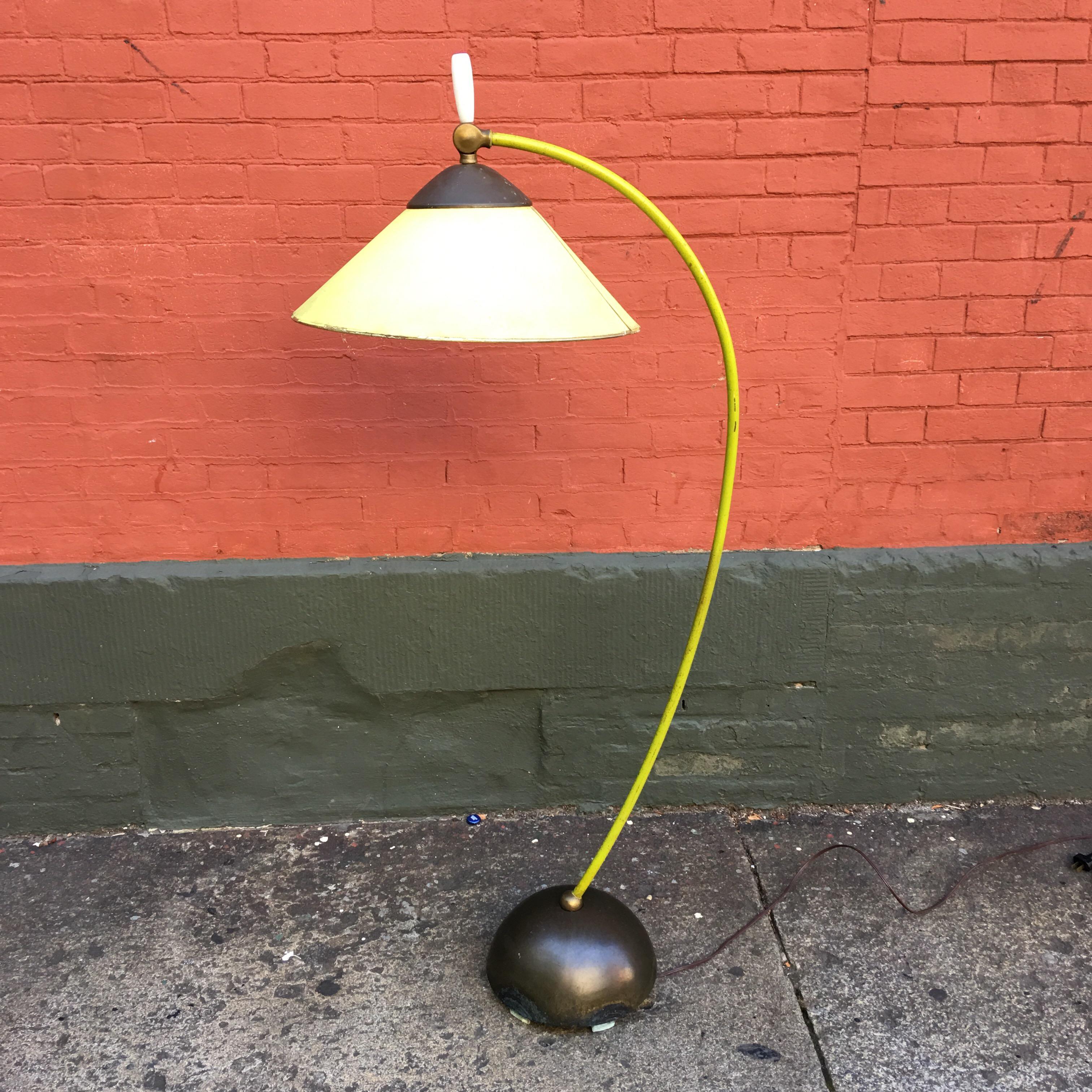 Very original Russel wright floor lamp from the early 1950s. Done for Fairmont Lamp Company for the easier living line. Stem of the lamp pivots in multiple directions for ease of directing light. The shade also pivots to adjust angle. Dome base is