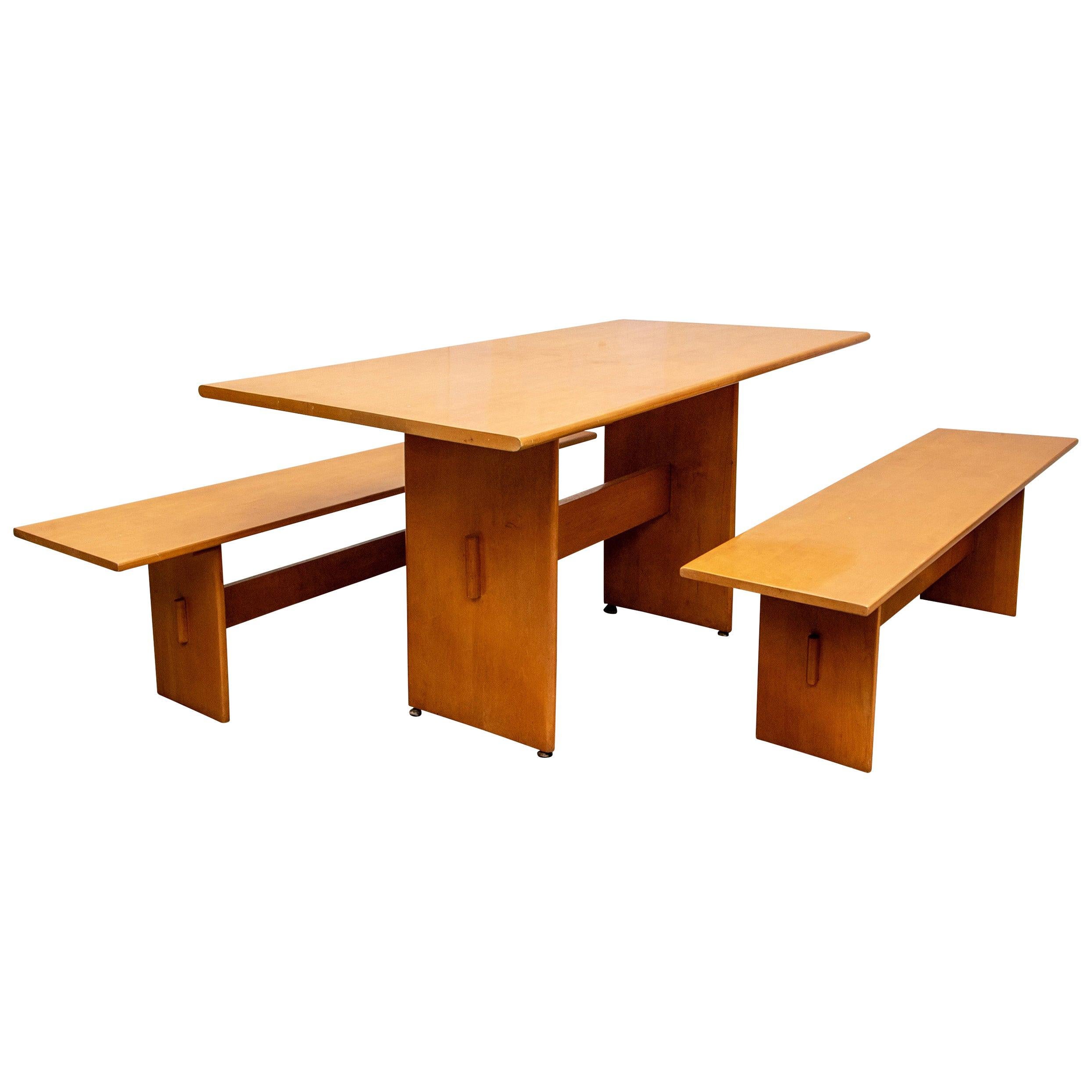 Russel Wright Set of a Maple Table and Two Benches