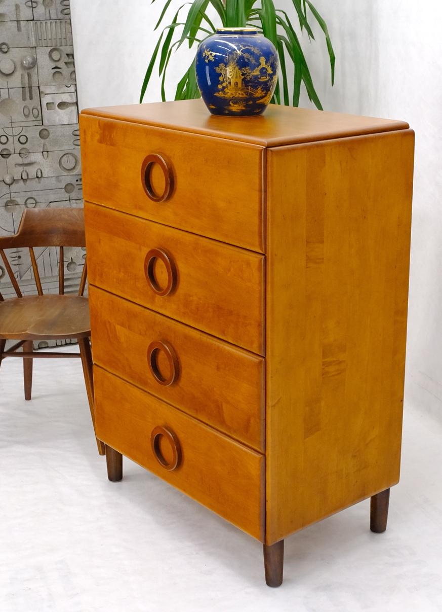 Mid-Century Modern solid maple four drawers high chest dresser.